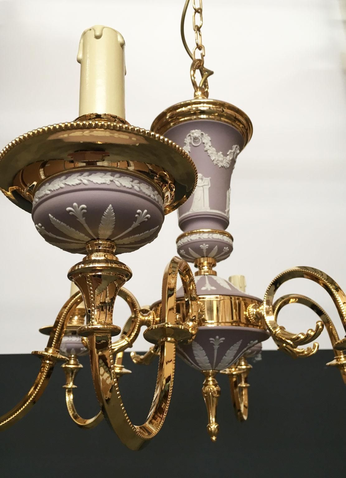 1970 Italy Lilac Brass And Porcelain Chandelier Hollywood Regency Style 6 Lights photo 3910.0