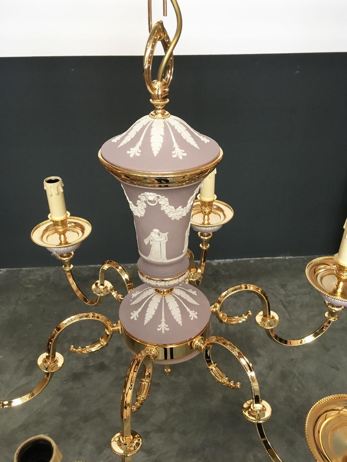 1970 Italy Lilac Brass And Porcelain Chandelier Hollywood Regency Style 6 Lights photo vintage