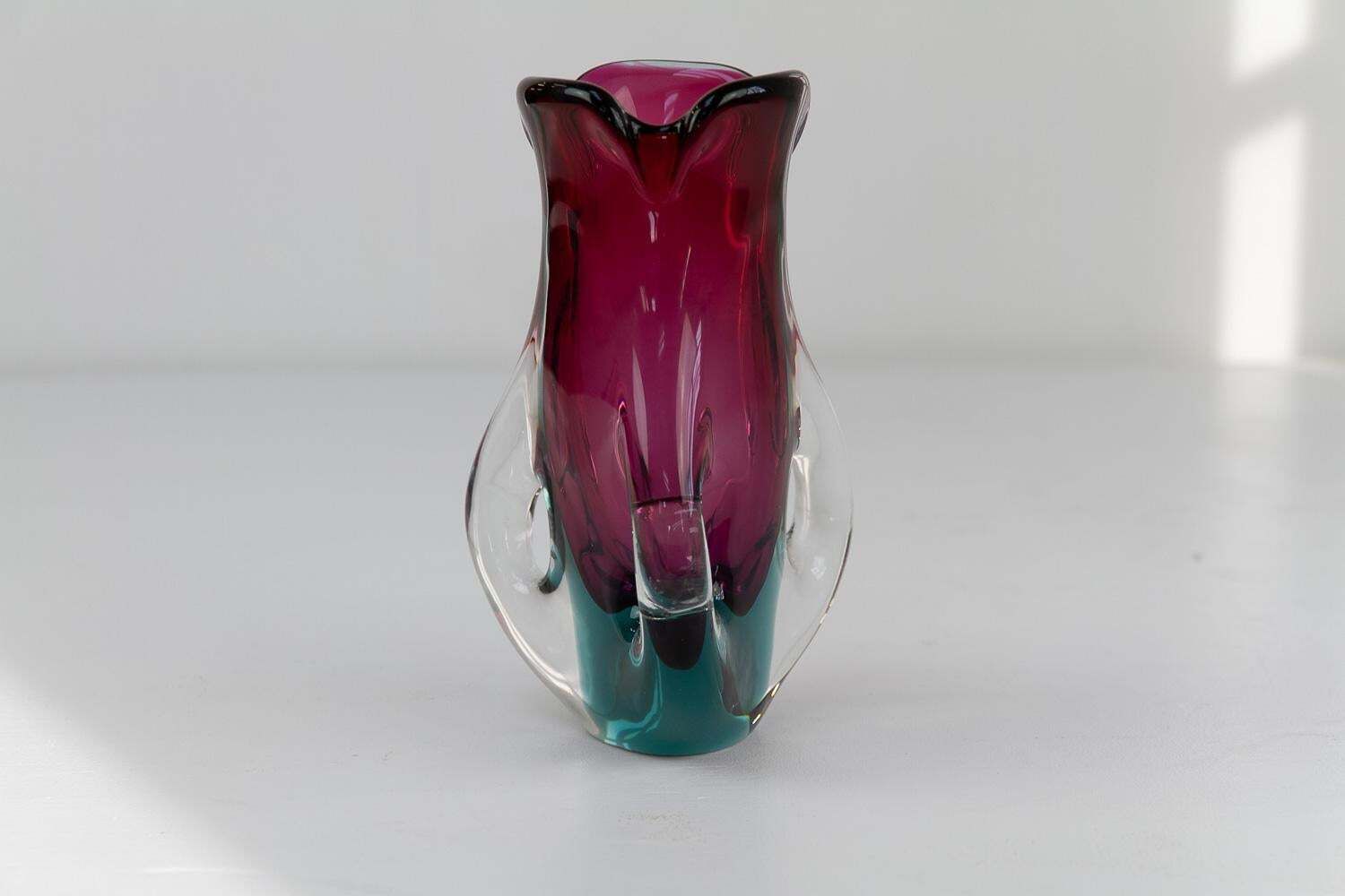 234.0 Italian Mid Century Modern Purple And Green Murano Glass Vase, 1960s. photo