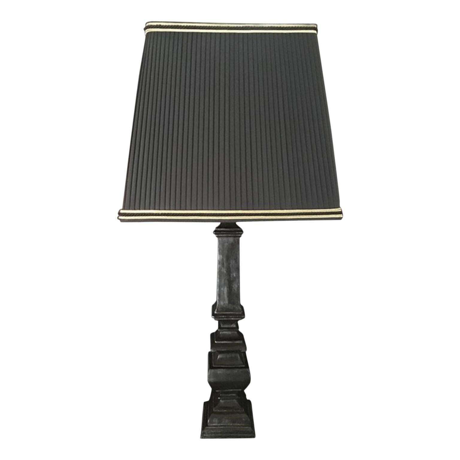 France Black Laquered Wood Table Lamp With Black Fabric Lampshade