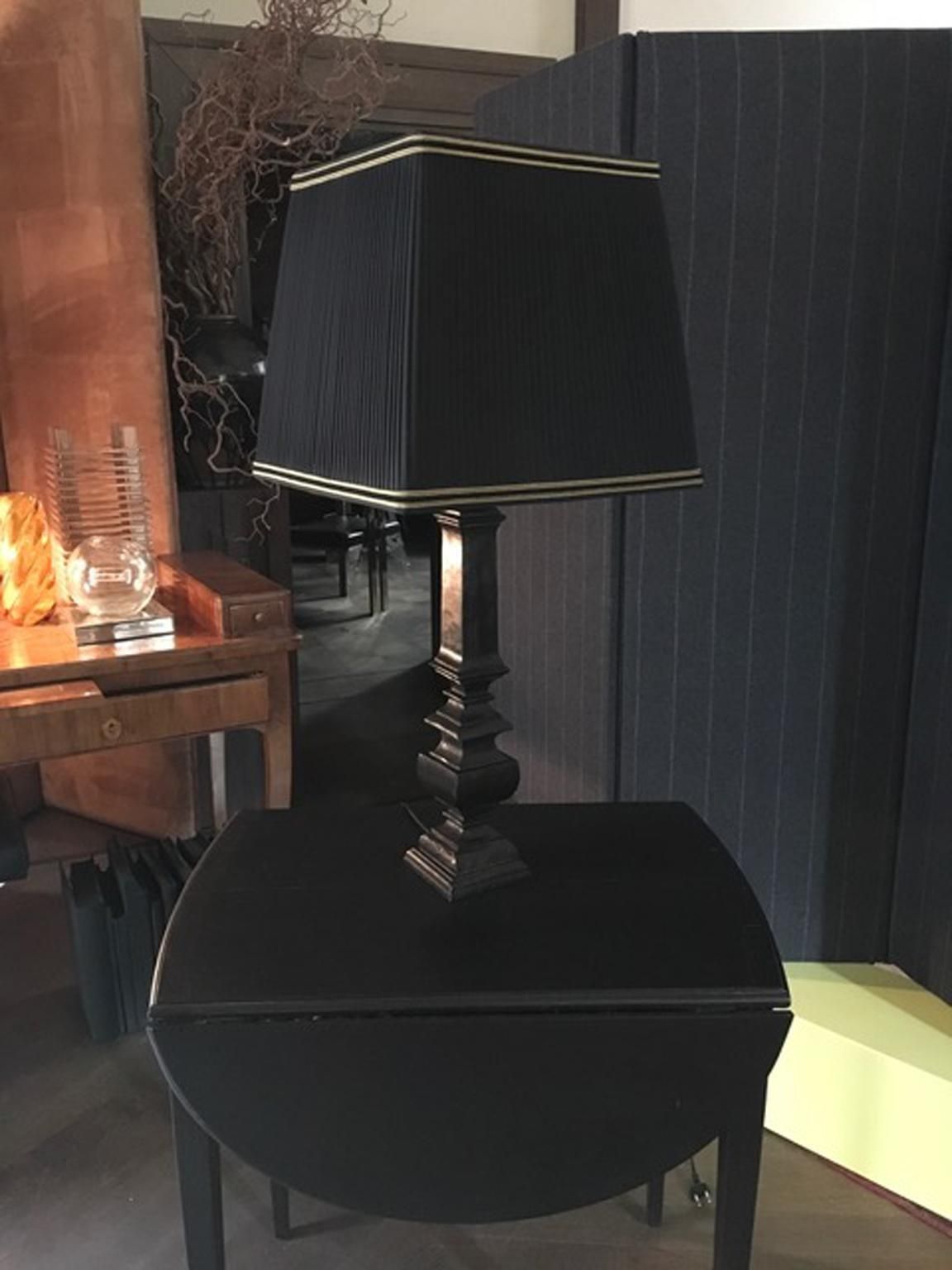 France Black Laquered Wood Table Lamp With Black Fabric Lampshade photo for sale