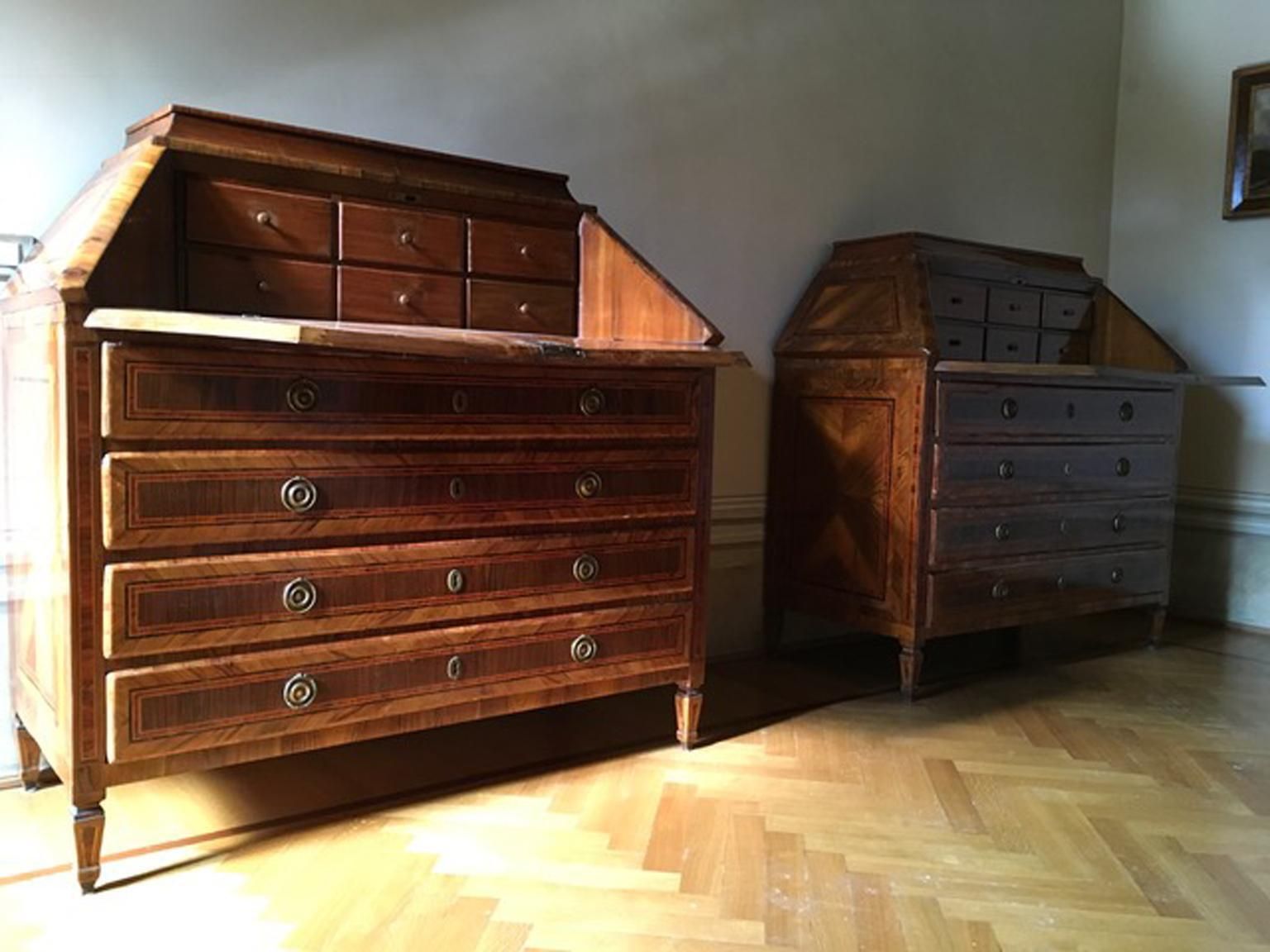 18th Century Pair Of Italian Inlaid Walnut Chests Of Drawers With Secretaire photo furniture