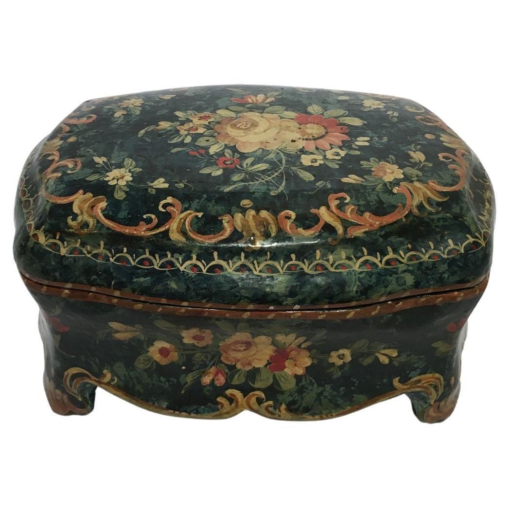 1750 Venezia Italy Green Lacquered Wooden Box Jewelry Case And Floral Decoration