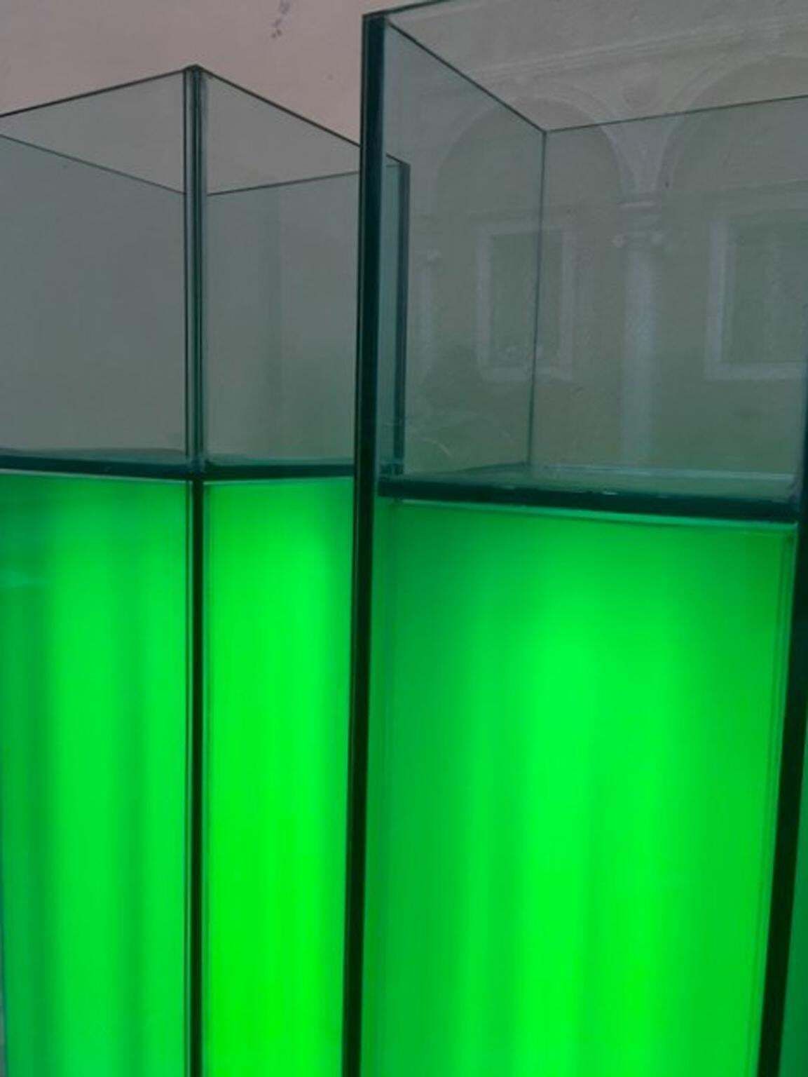 Italian Design Pair Of Green Lightened Clear Crystal Pedestal With Vases Inside photo vinterior