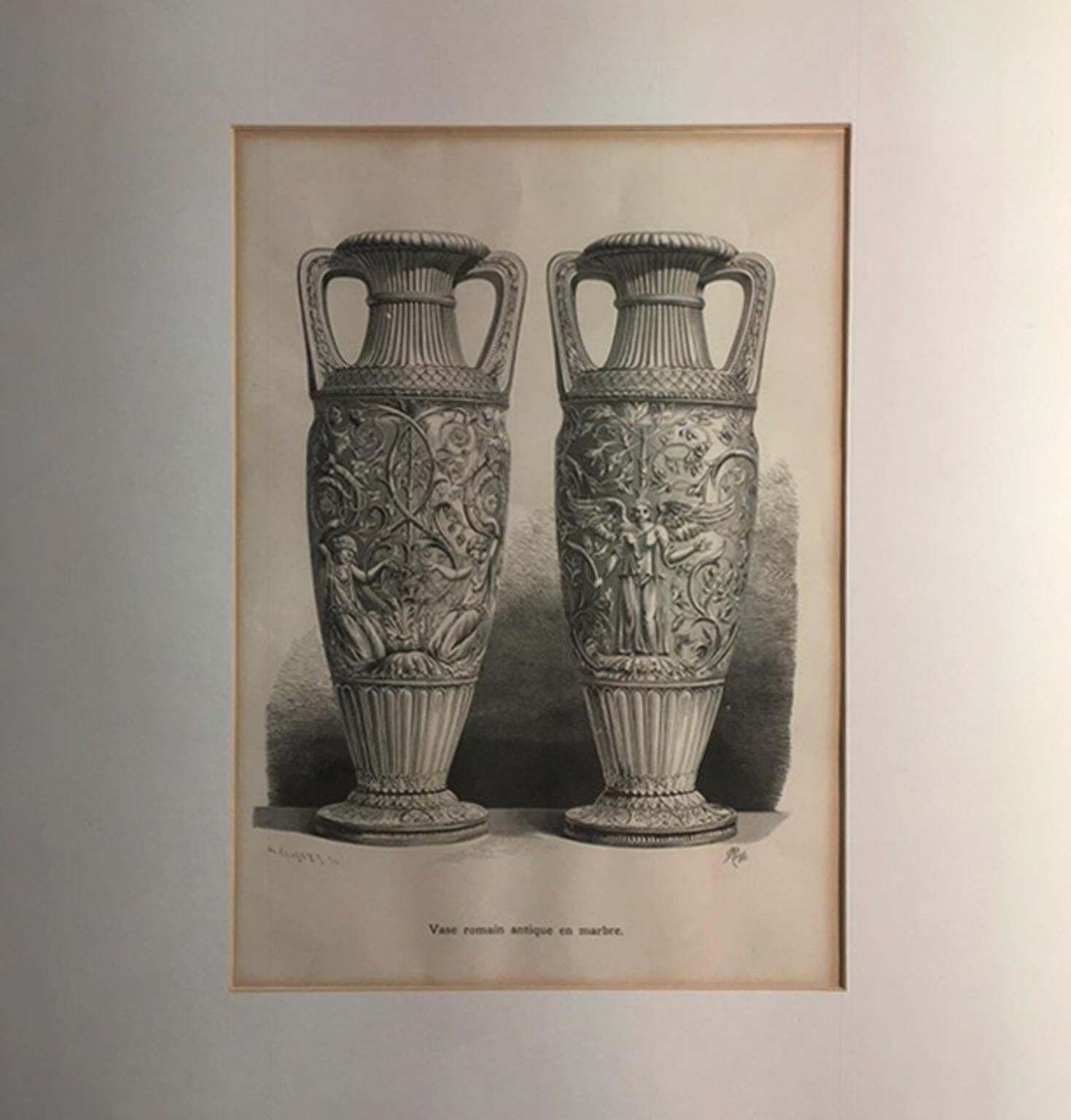 1850 France Antique Roman Marble Urnes Neoclassical Black And White Print photo for sale