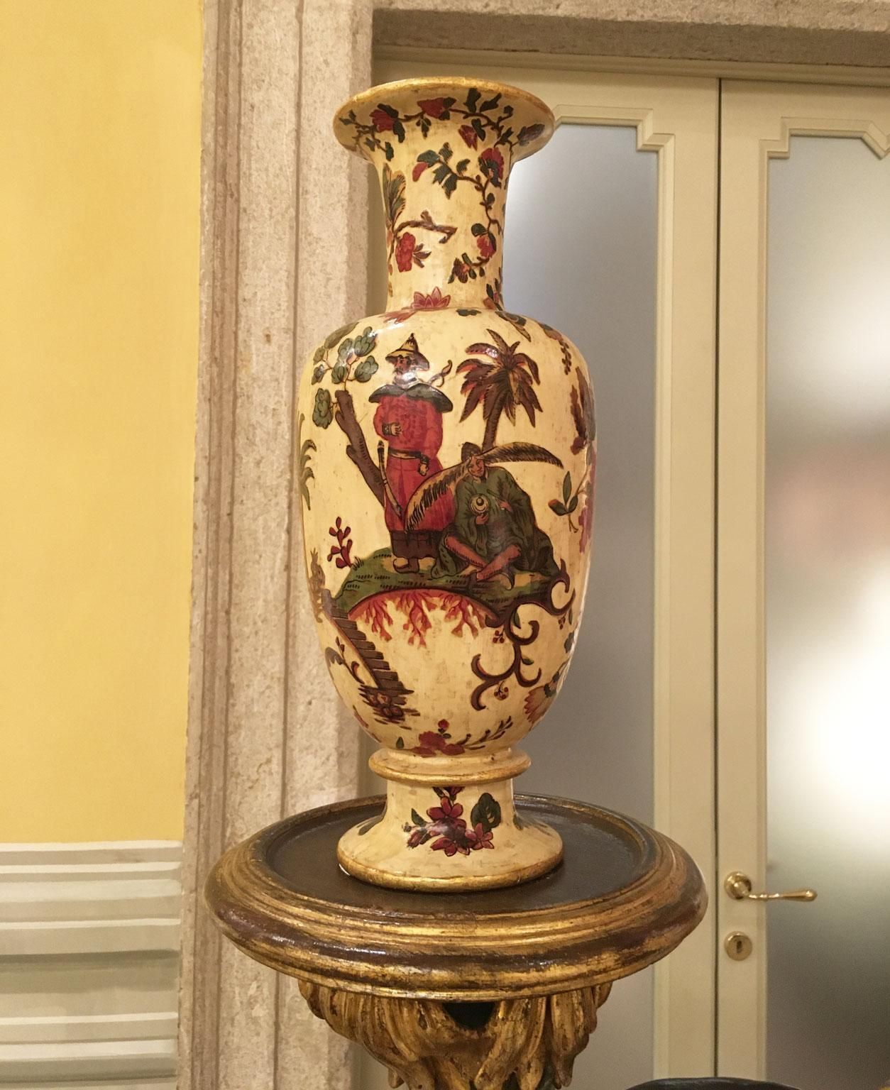 Italy Late 18th Century Pair Yellow Lacquered On Silk Wooden Vases With Flowers photo furniture