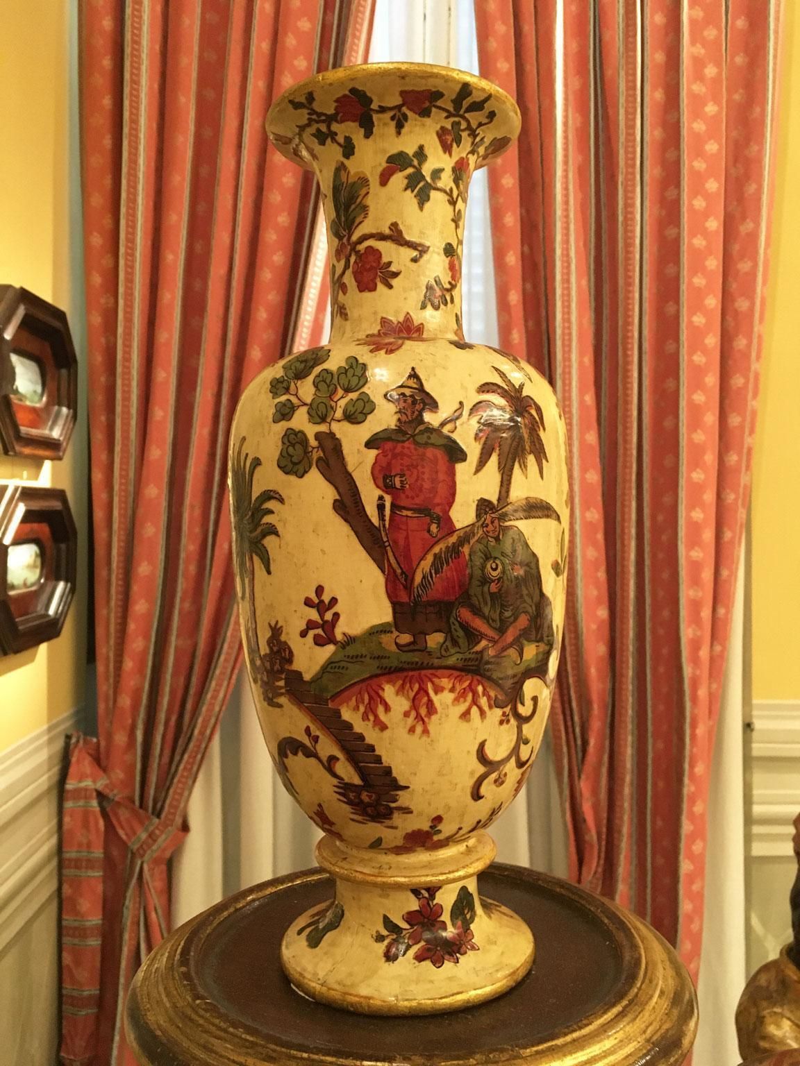 Italy Late 18th Century Pair Yellow Lacquered On Silk Wooden Vases With Flowers photo for sale