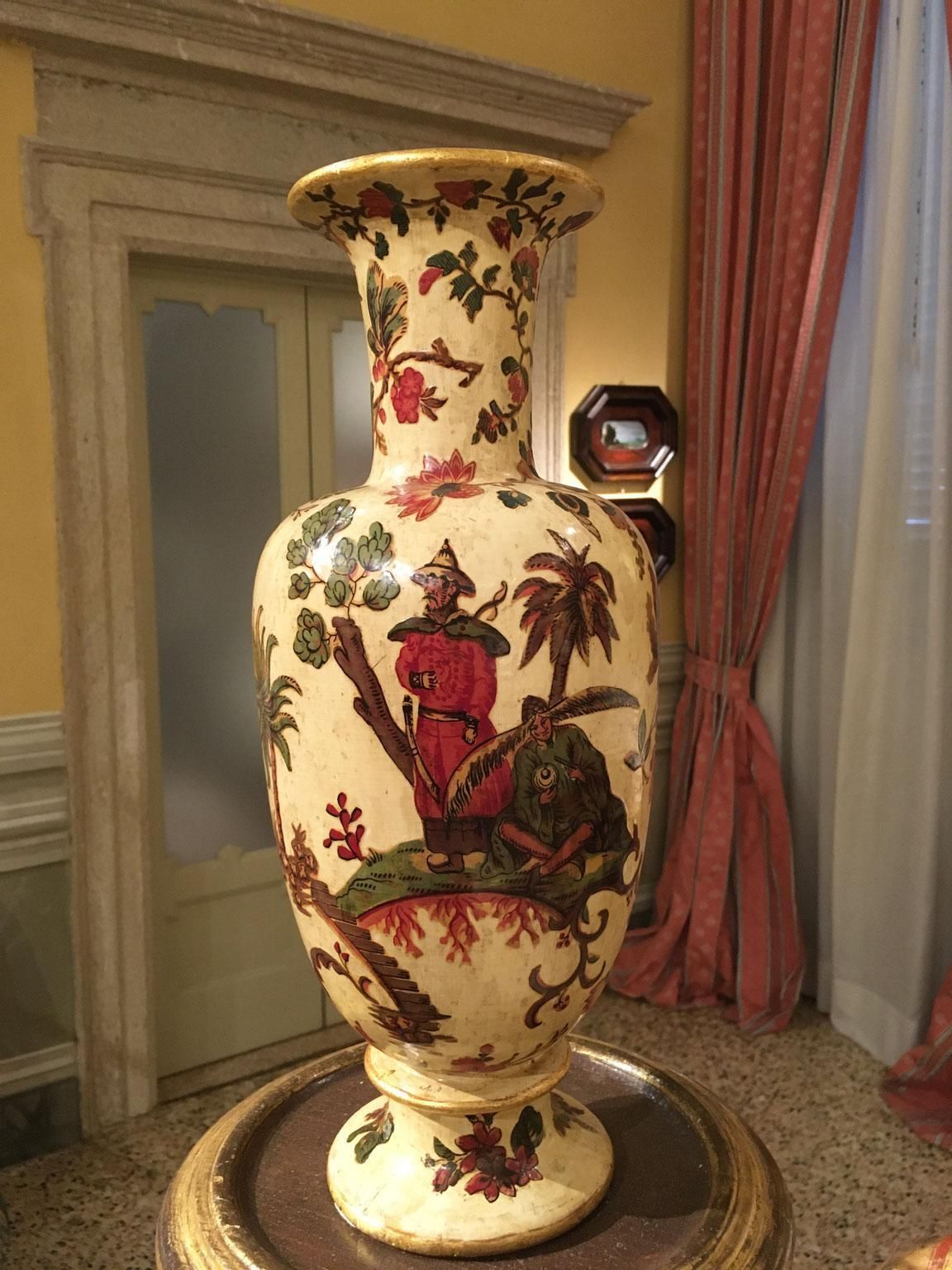 Italy Late 18th Century Pair Yellow Lacquered On Silk Wooden Vases With Flowers photo Home Decor