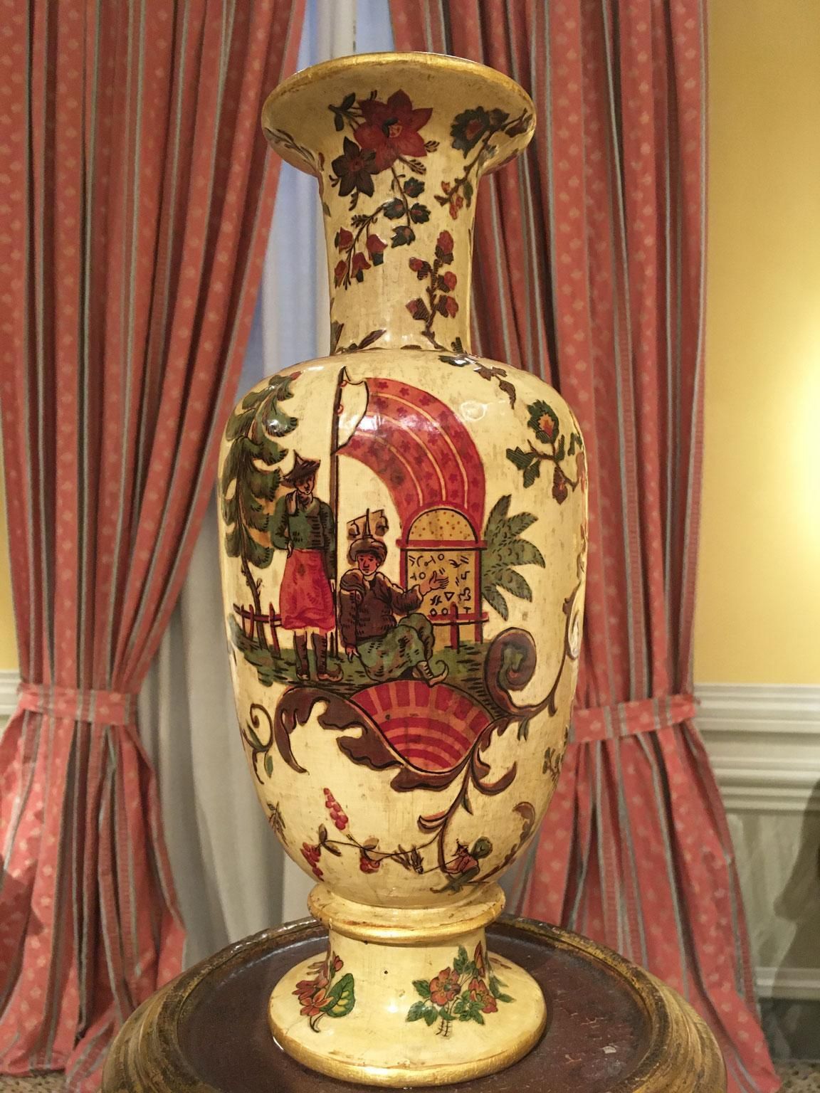 Italy Late 18th Century Pair Yellow Lacquered On Silk Wooden Vases With Flowers photo 25496.0