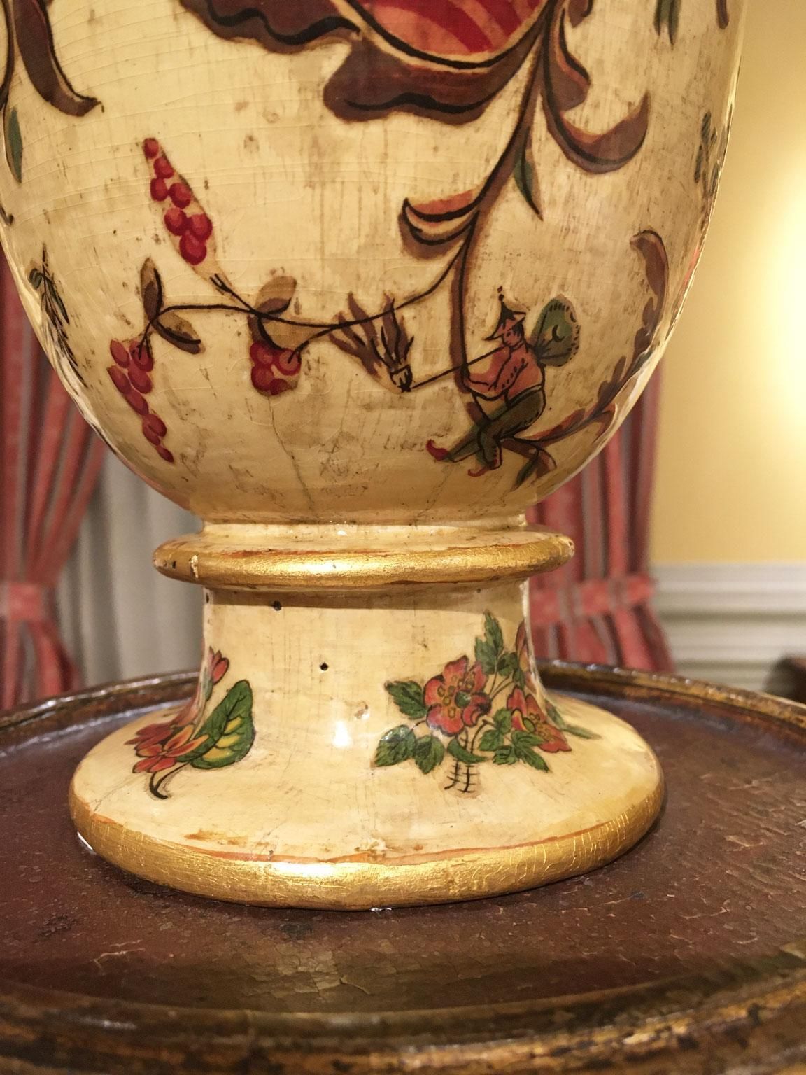 Italy Late 18th Century Pair Yellow Lacquered On Silk Wooden Vases With Flowers photo vintage