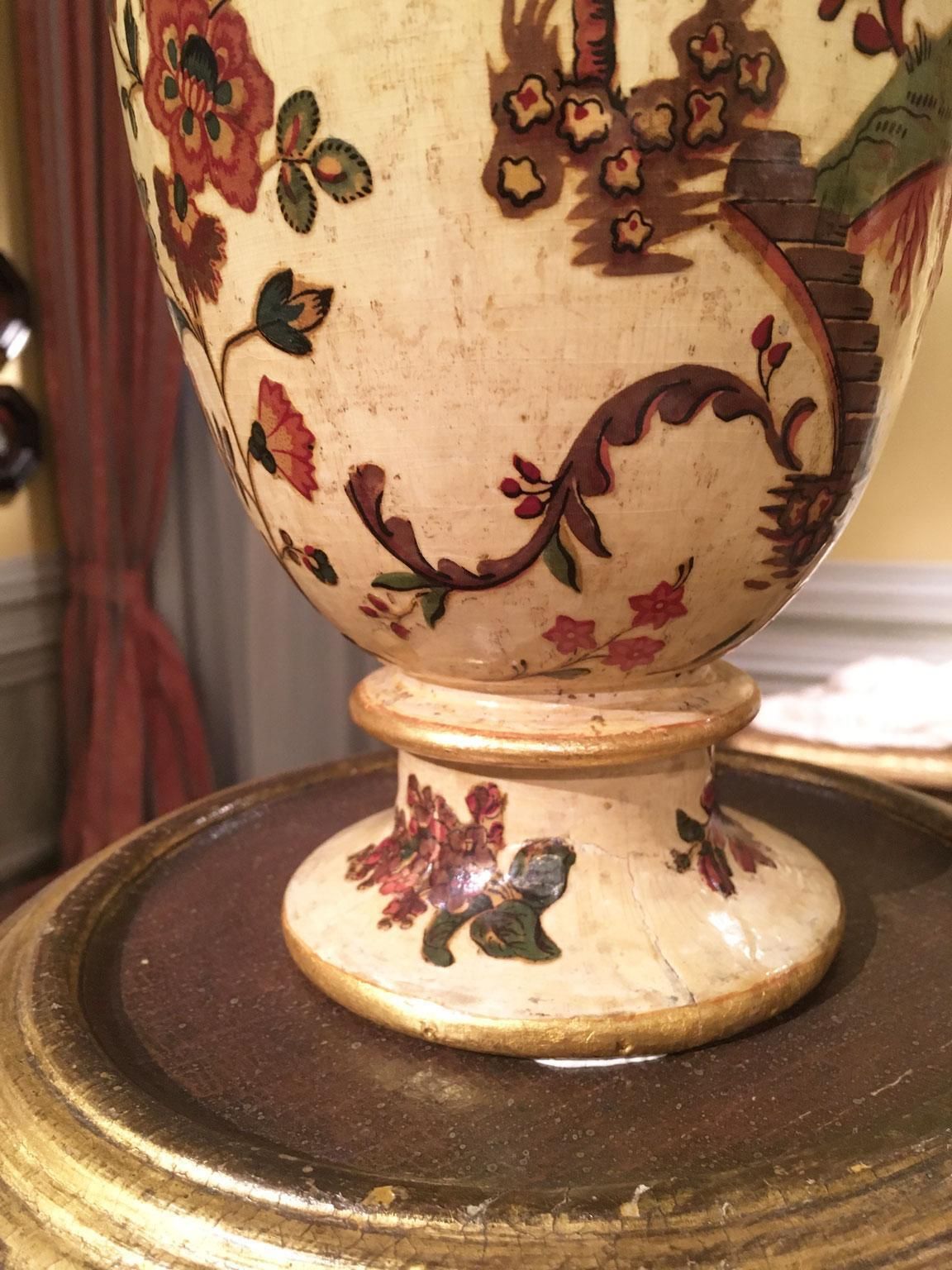 25496.0 Italy Late 18th Century Pair Yellow Lacquered On Silk Wooden Vases With Flowers photo