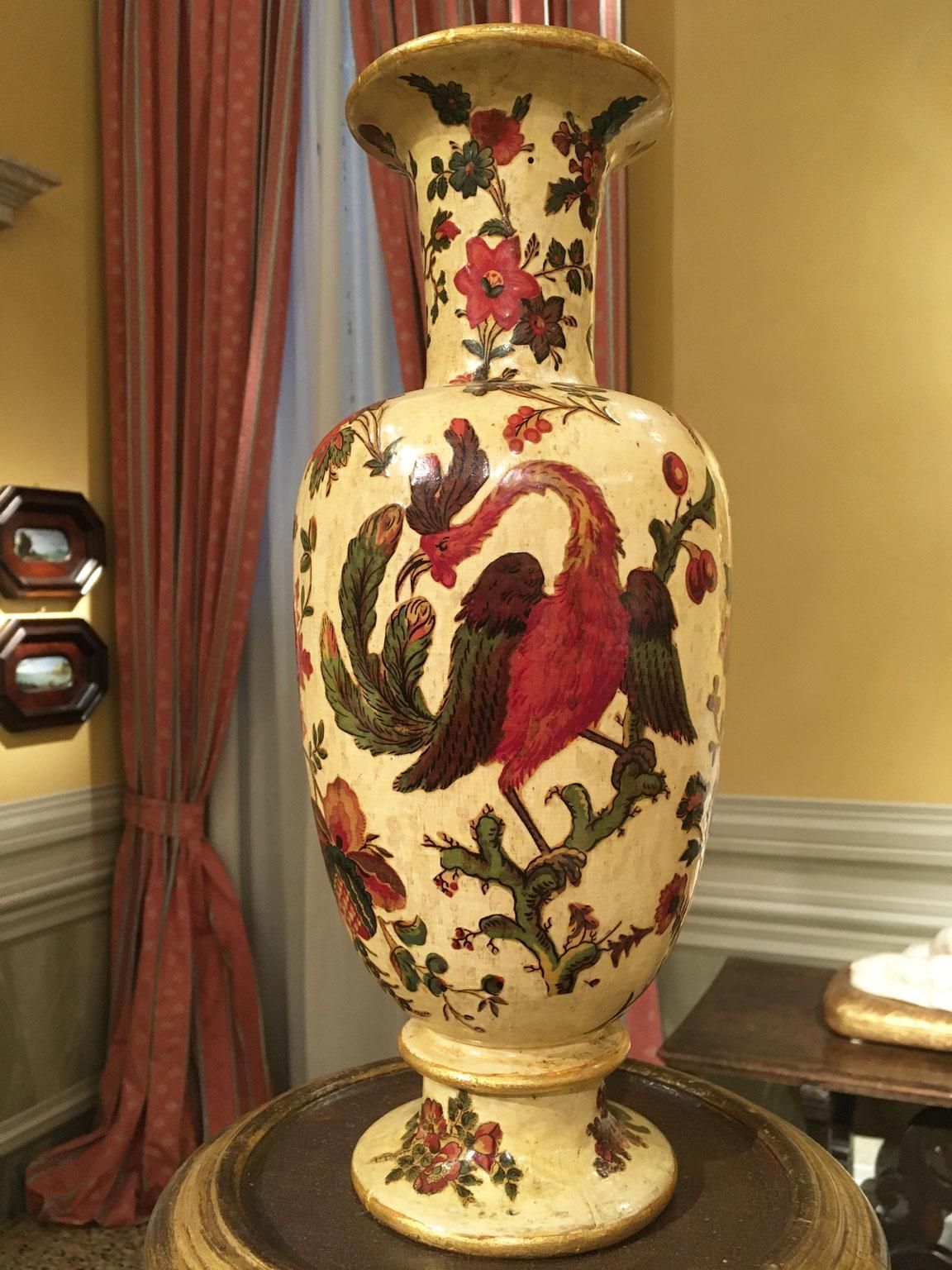 photo buy Italy Late 18th Century Pair Yellow Lacquered On Silk Wooden Vases With Flowers
