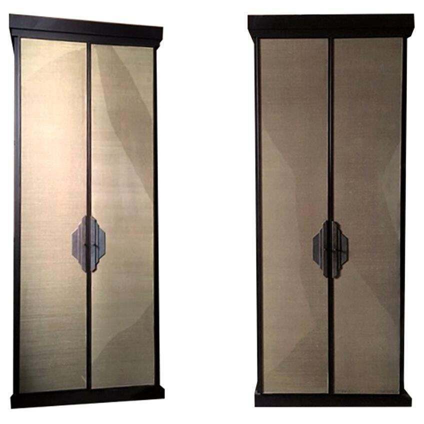 Italy Pair Of Post Modern Brown Oak Cabinet With Rafia Panels And Bronze Handles