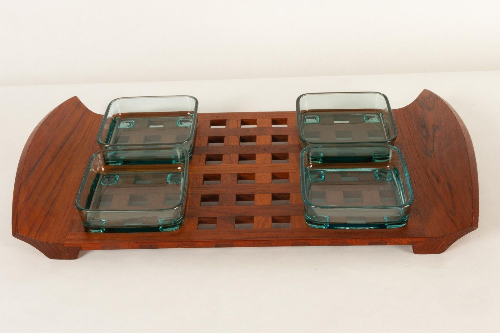 Vintage Danish Teak Tray With Glass Bowls By Jens Harald Quistgaard, 1960s photo vinterior