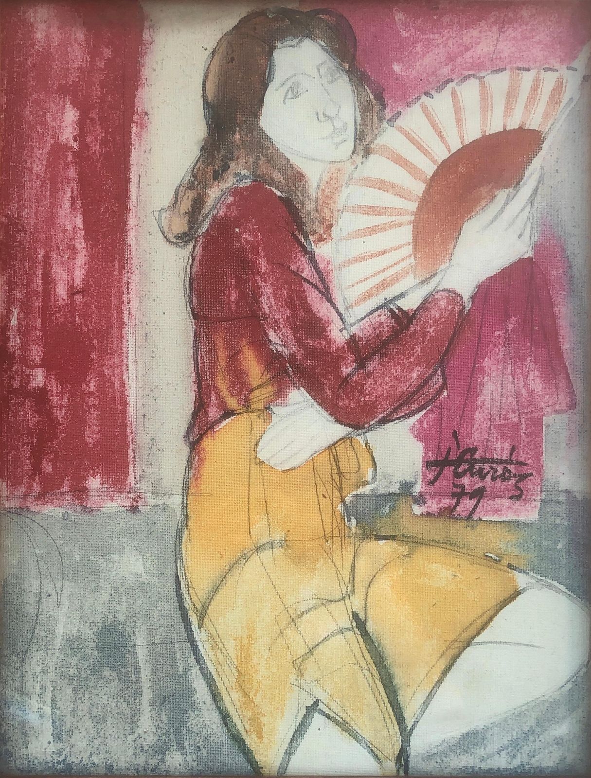Jordi Curos Woman With Fan Mixed Media Painting 1979