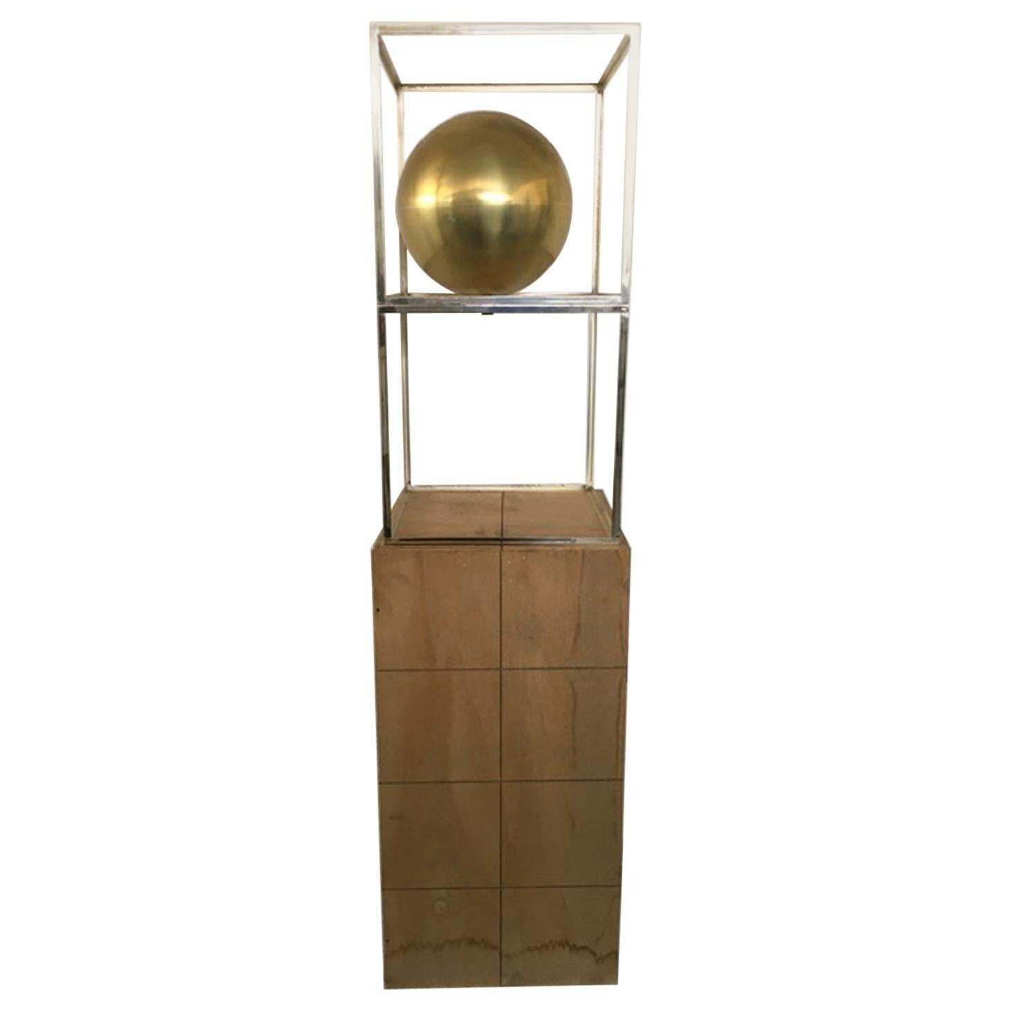 Italy 1980 Abstract Sculpture Sphere In Brass Natural Wood And Metal Chrome