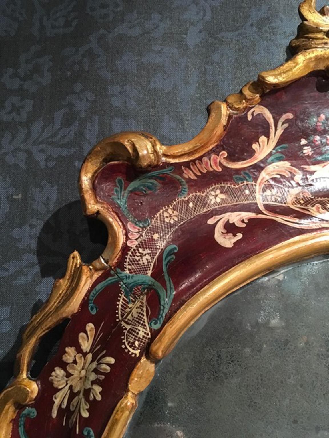 Venice Italy Mid 18th Century Red Wooden Lacquered Mercury Glass Mirror photo buy