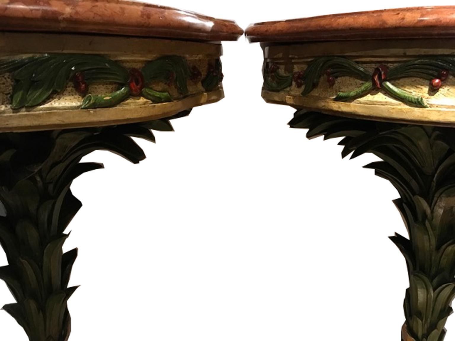 Venice Italy Mid 18th Century Pair Of Corner Console Lacquered Wood Red Marble photo vintage