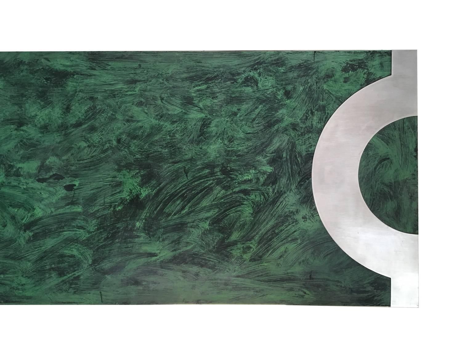 1970 Post Modern Green Patinated Wood And Stainless Steel Coffee Table photo for sale