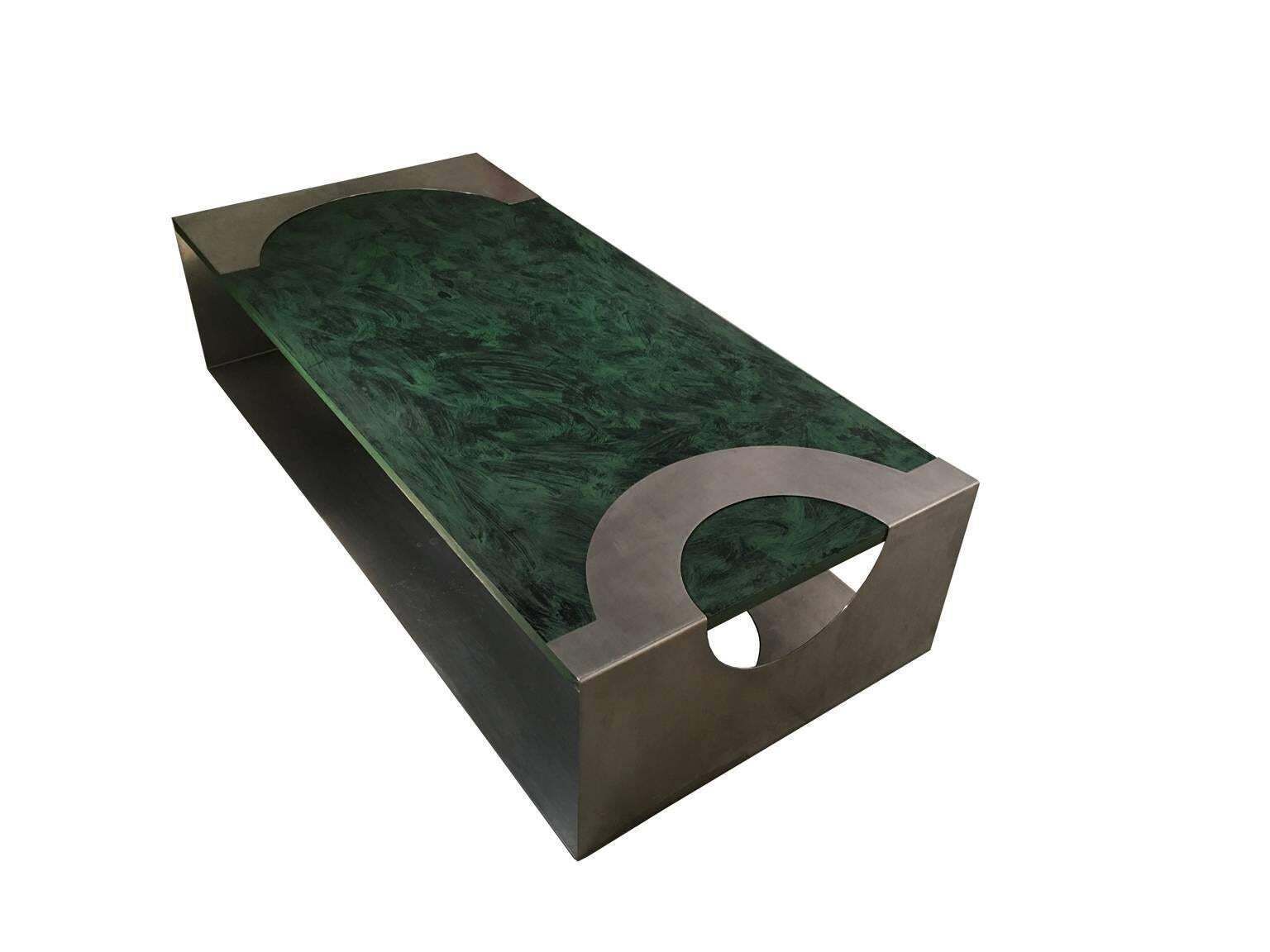 1970 Post Modern Green Patinated Wood And Stainless Steel Coffee Table photo Furniture