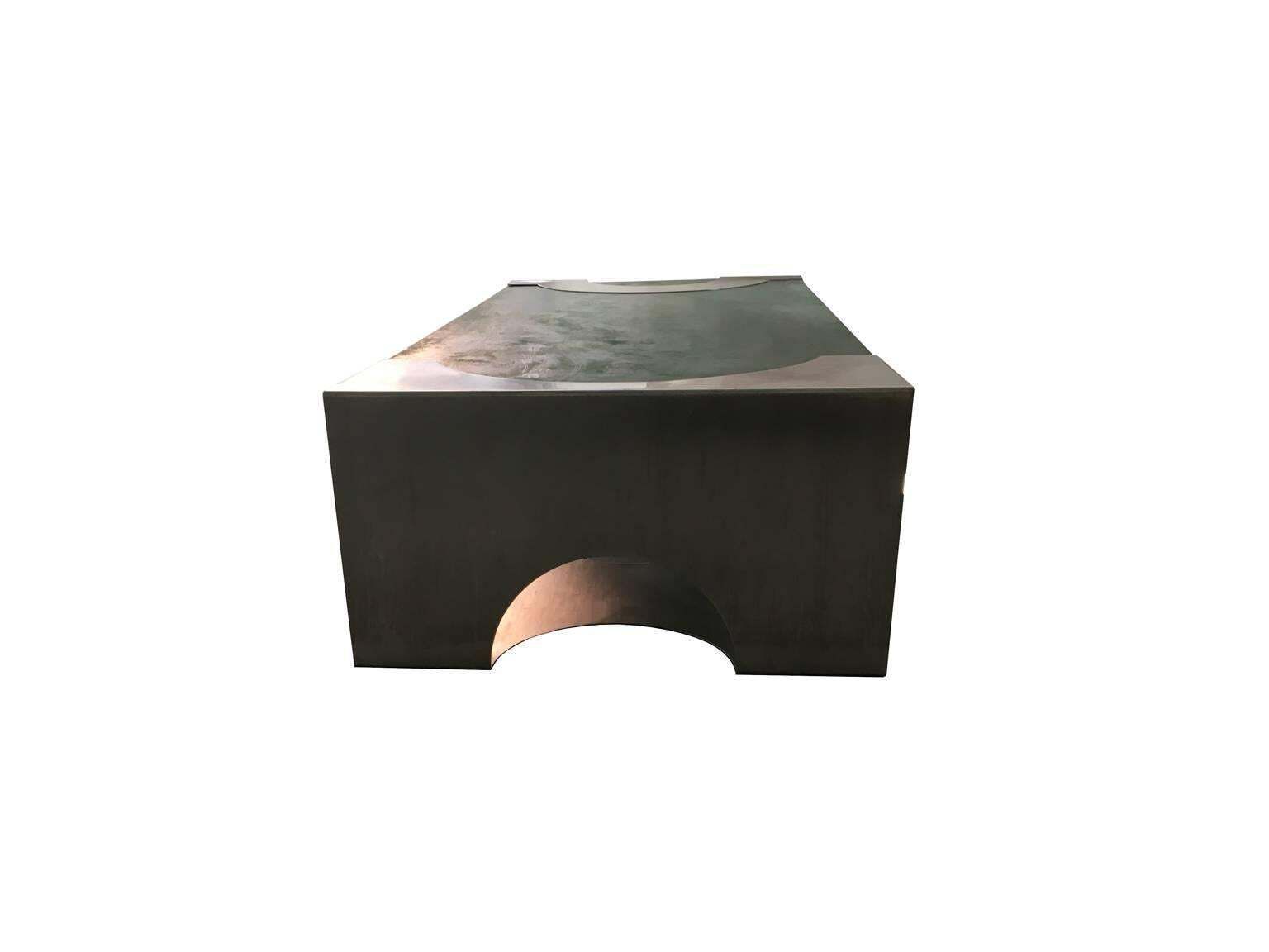 1970 Post Modern Green Patinated Wood And Stainless Steel Coffee Table photo 8074.0
