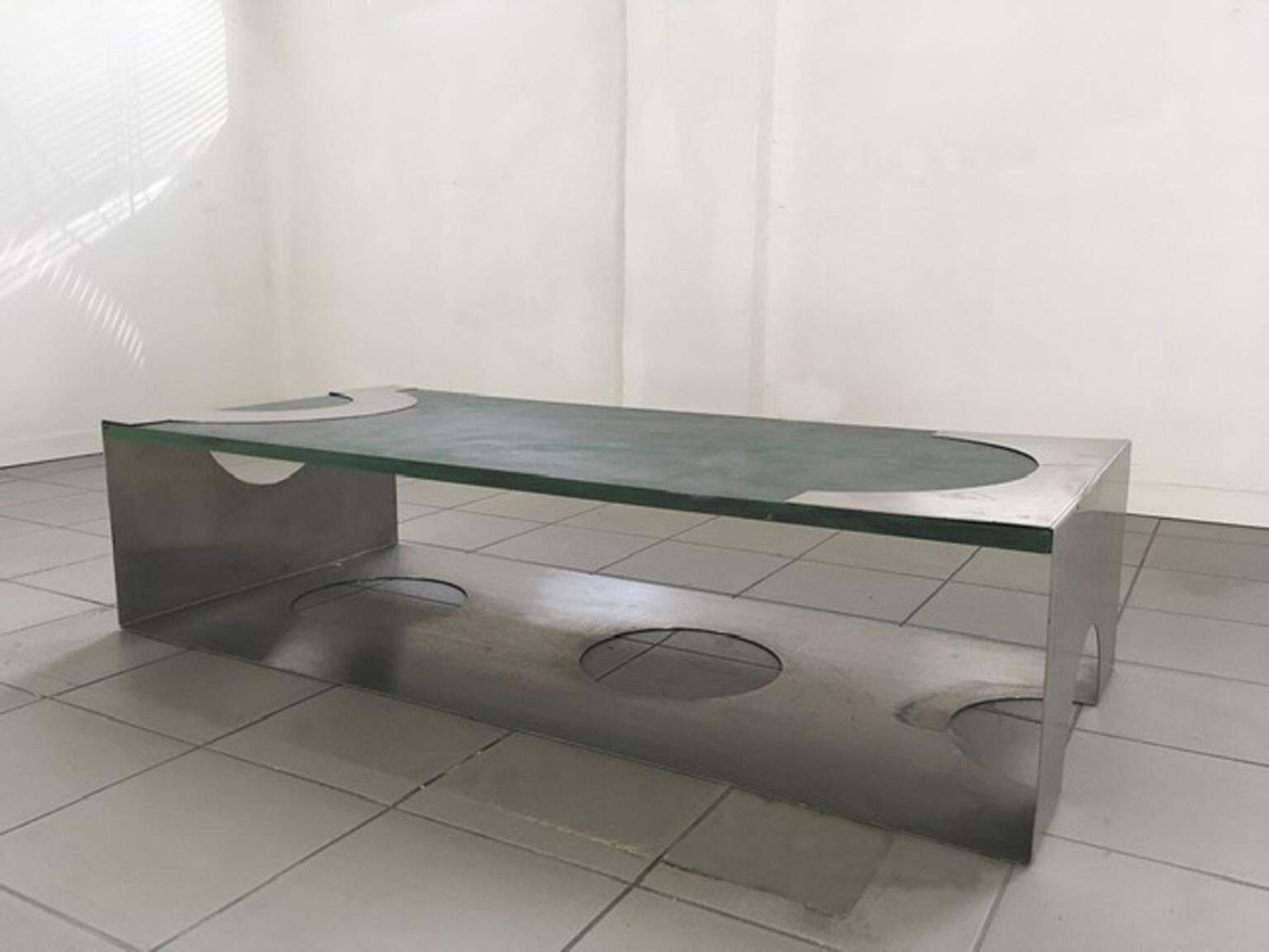1970 Post Modern Green Patinated Wood And Stainless Steel Coffee Table photo vintage