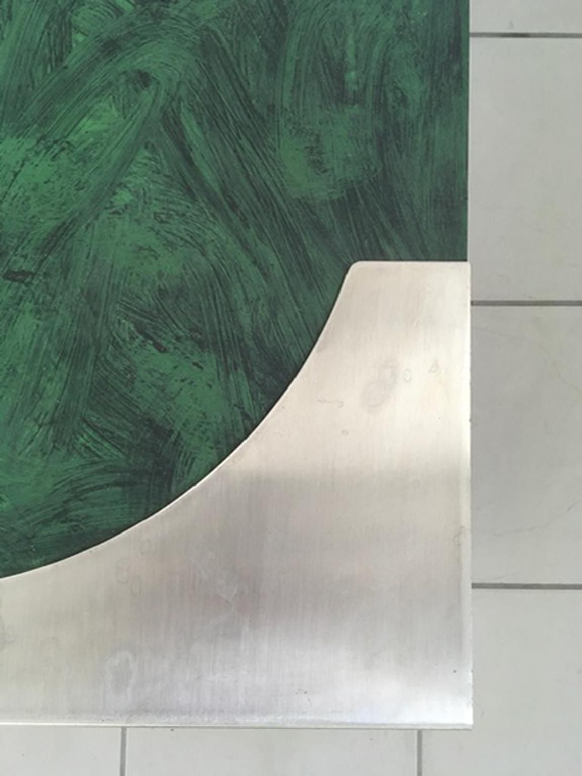 photo buy 1970 Post Modern Green Patinated Wood And Stainless Steel Coffee Table
