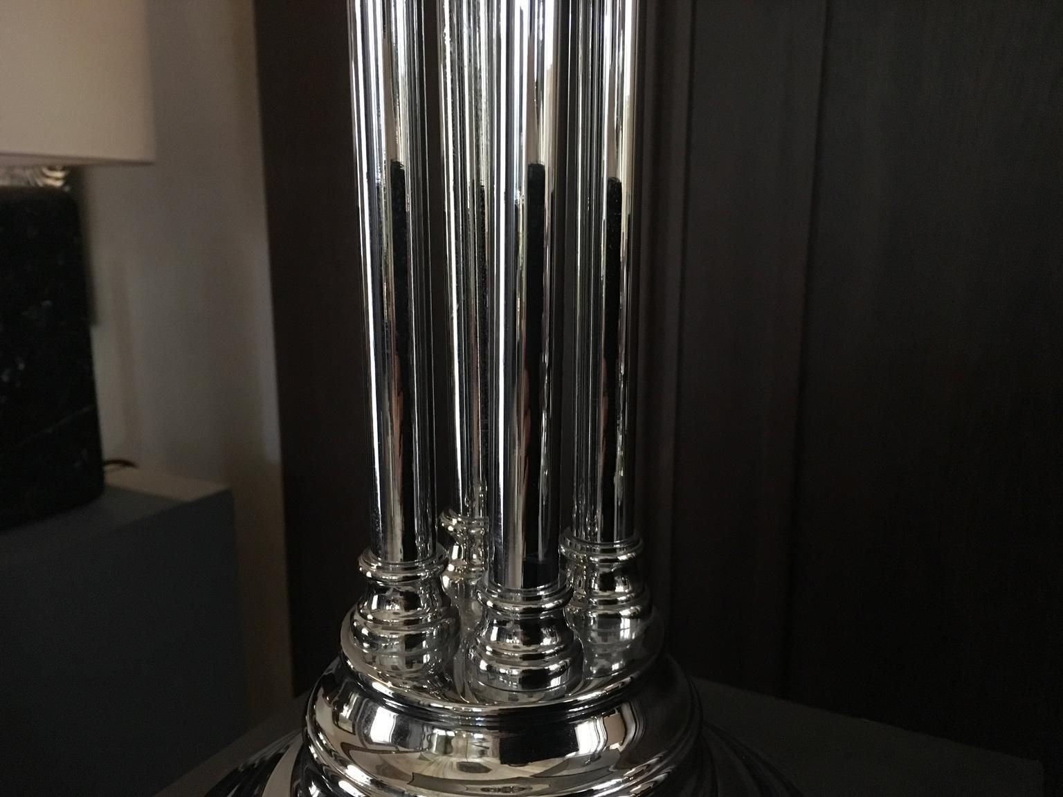 Pair Columned Table Lamps Chrome Finish With Silk Black White Lampshades photo vinterior