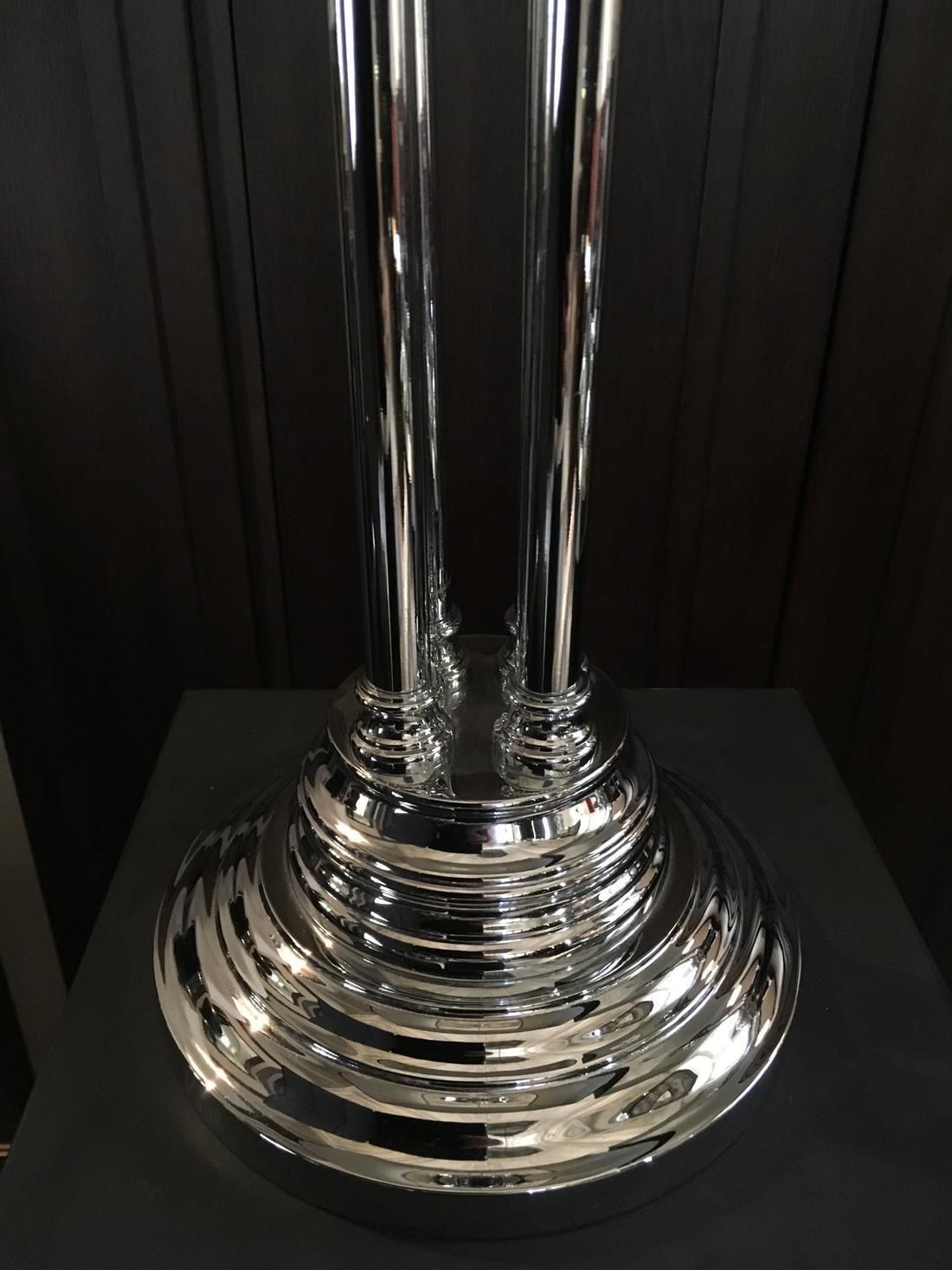 Pair Columned Table Lamps Chrome Finish With Silk Black White Lampshades photo vintage