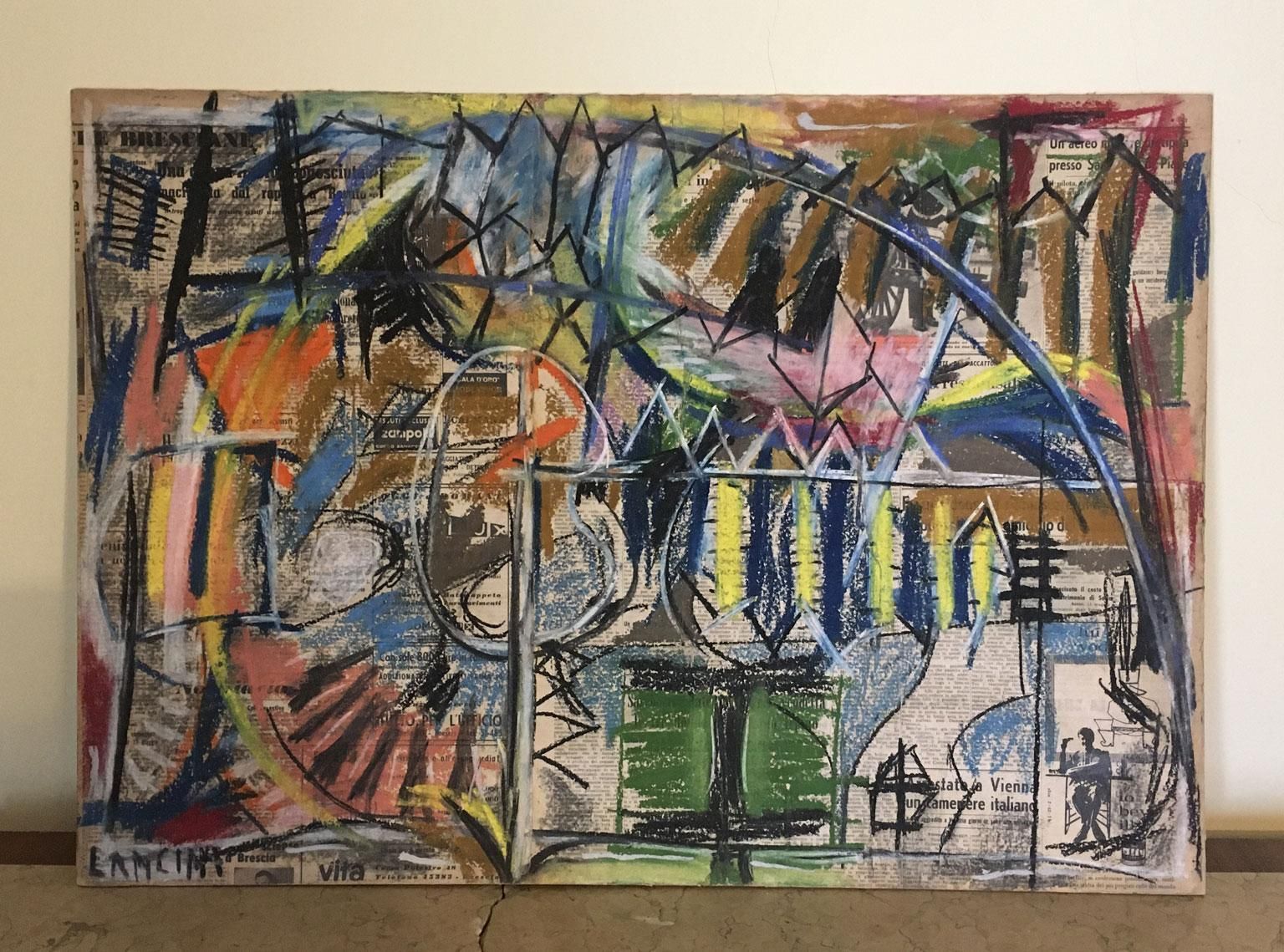 1962 Italy Abstract Painting And Paper Collage By Ermete Lancini photo furniture