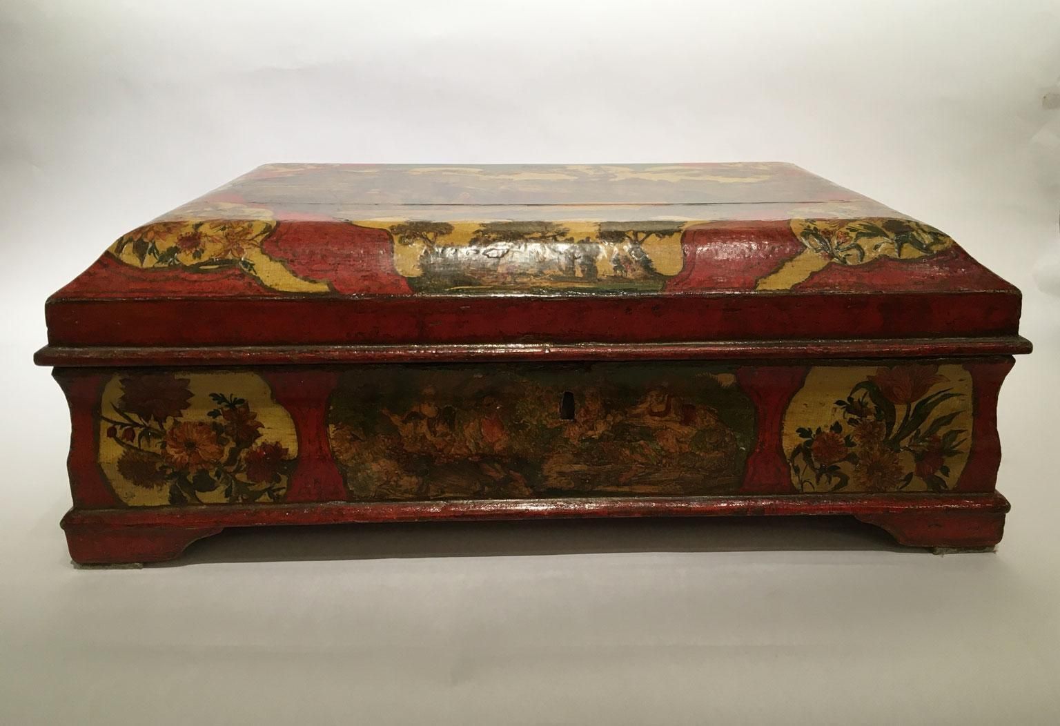 1750 Venezia Italy Lacquered Red And Yellow Wooden Box Jewelry Case photo furniture
