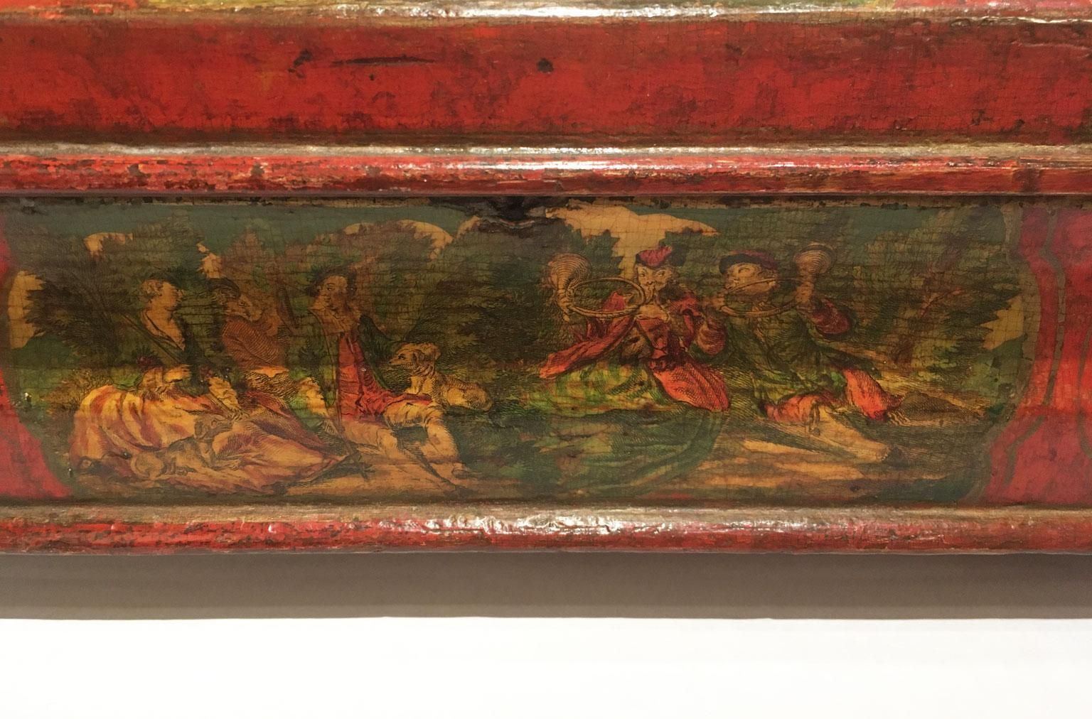 photo vintage 1750 Venezia Italy Lacquered Red And Yellow Wooden Box Jewelry Case