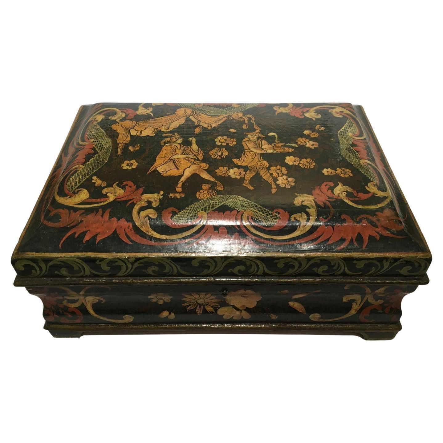 1750 Venezia Italy Lacquered Dark Blue Wooden Box With Golden Decoration