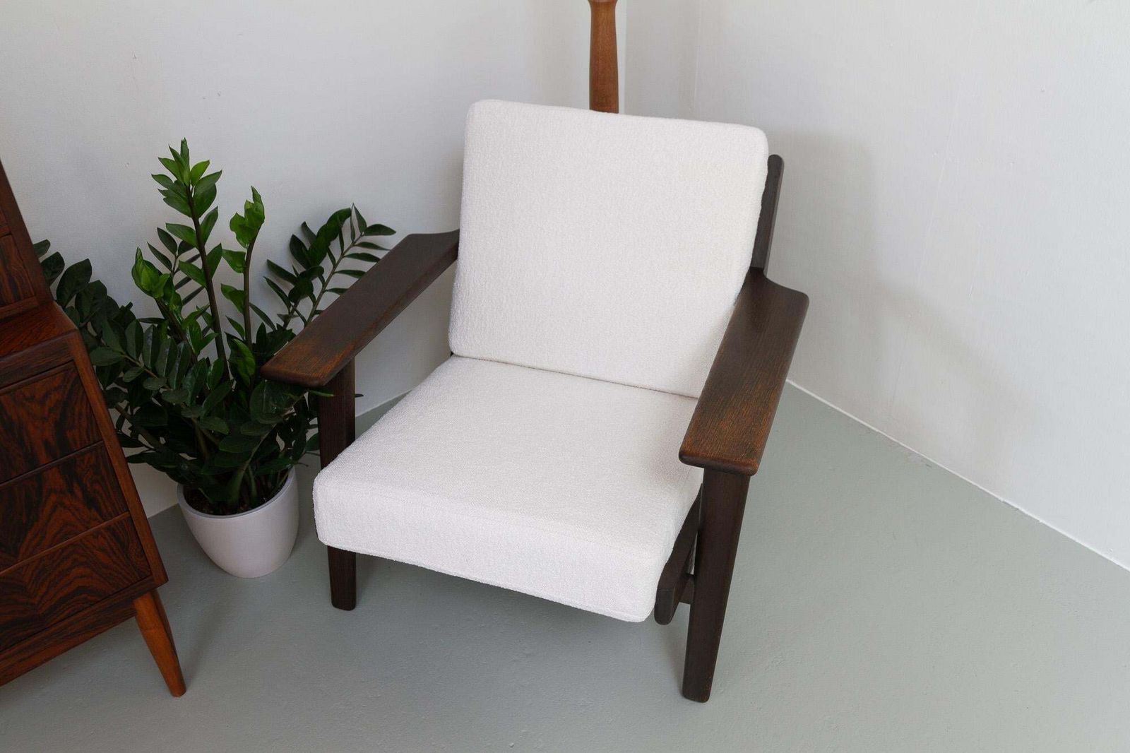 Vintage Danish Oak And Bouclé Lounge Chair Ge290 By Hans J. Wegner, 1960s photo vintage