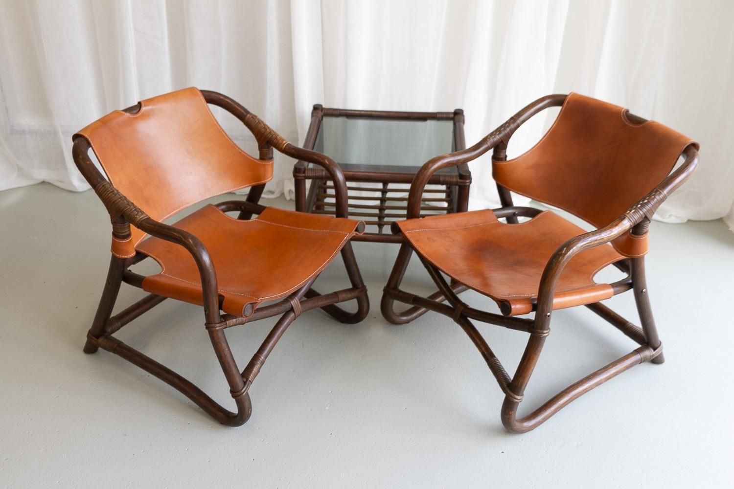 Danish Modern Bamboo And Leather Lounge Chairs & Table By Horsnæs, 1960s. photo 3229.0