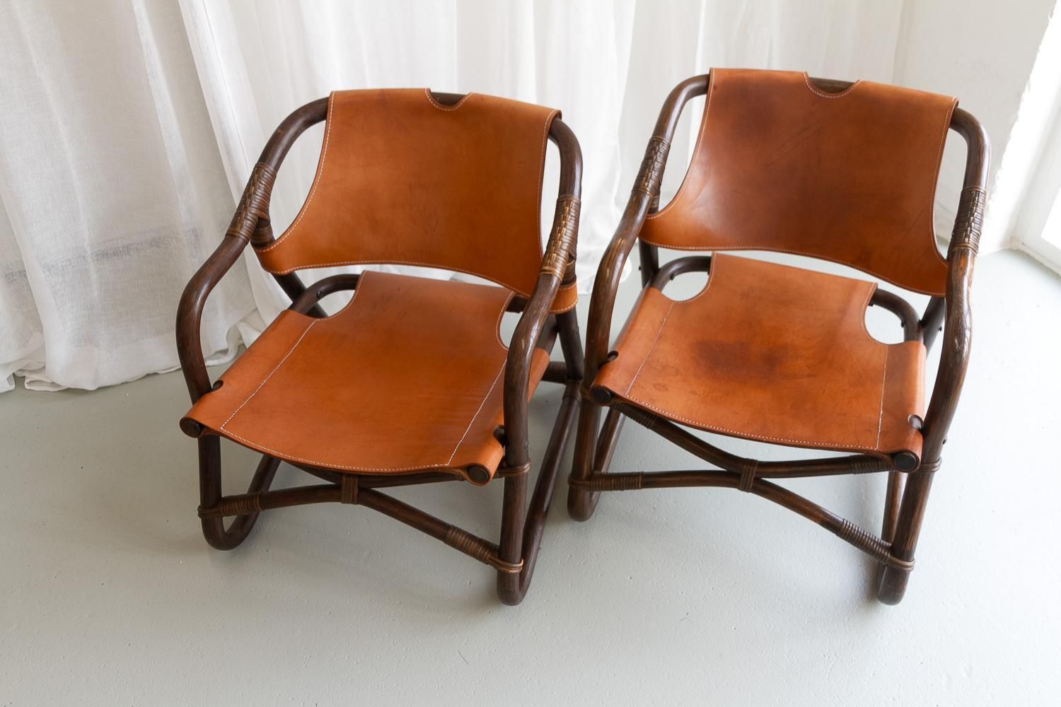 photo furniture Danish Modern Bamboo And Leather Lounge Chairs & Table By Horsnæs, 1960s.