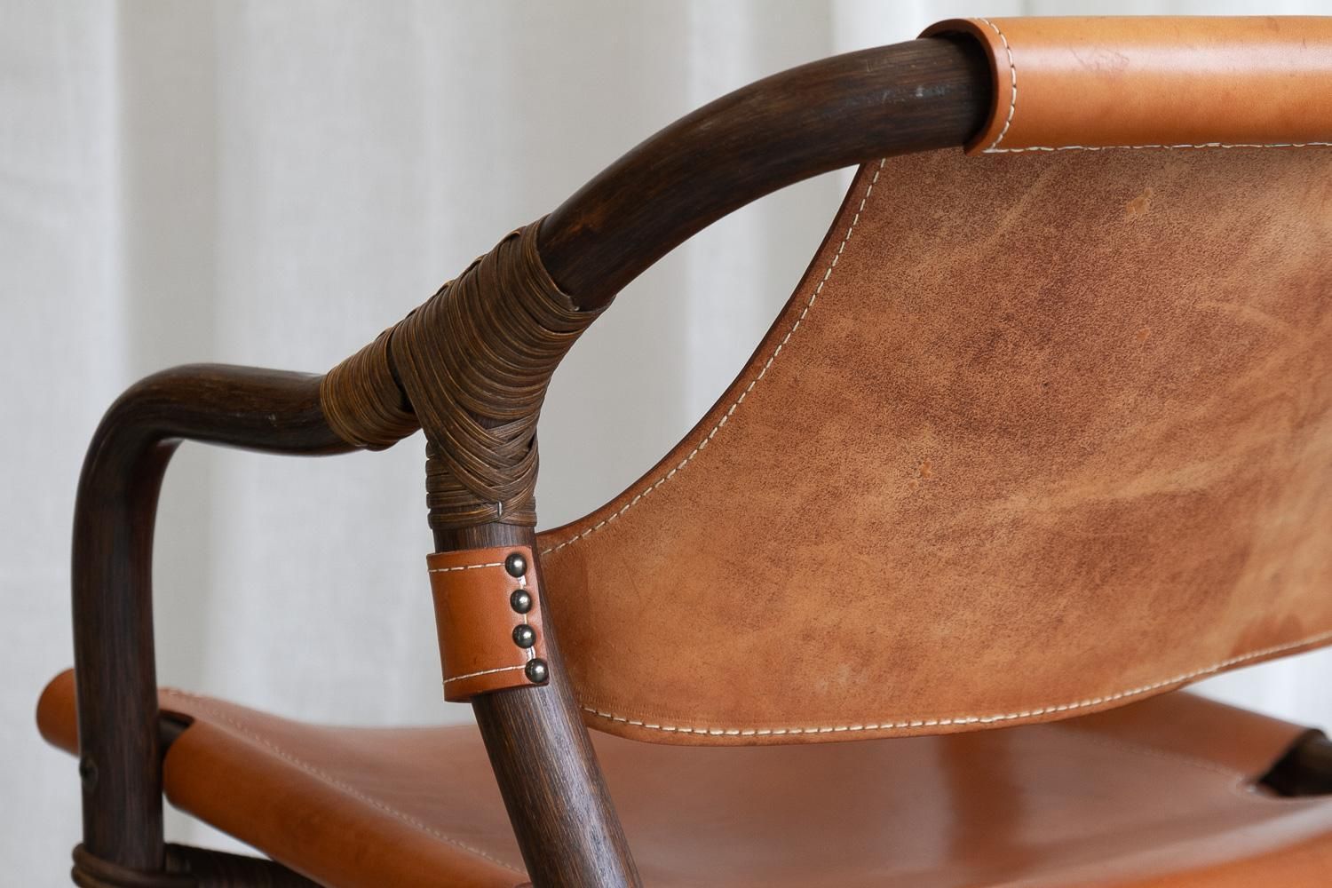 photo vinterior Danish Modern Bamboo And Leather Lounge Chairs & Table By Horsnæs, 1960s.