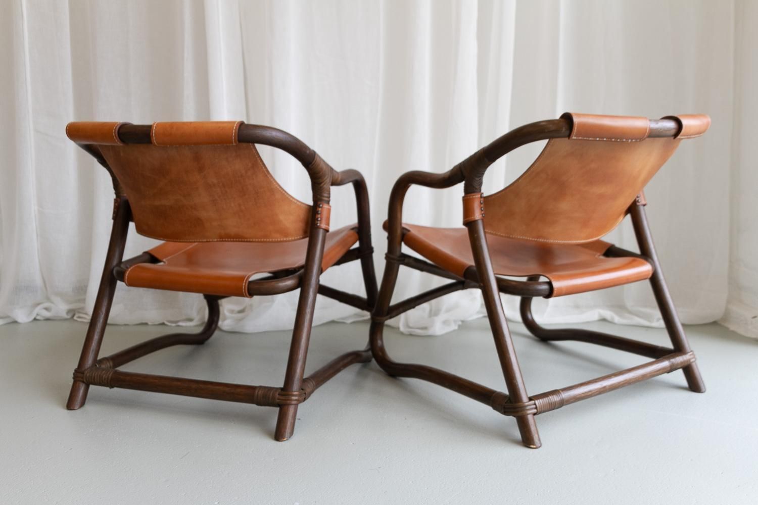 photo buy Danish Modern Bamboo And Leather Lounge Chairs & Table By Horsnæs, 1960s.