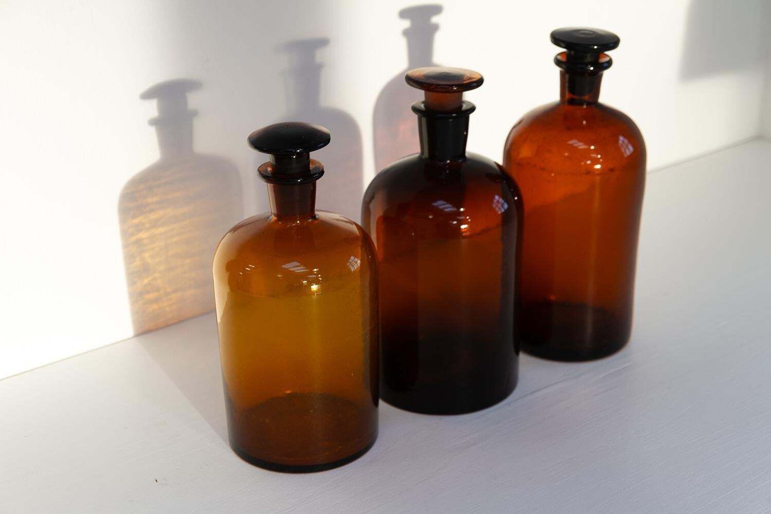 Large Antique Danish Pharmacy Glass Bottles, 1900s. Set Of 3. photo vinterior