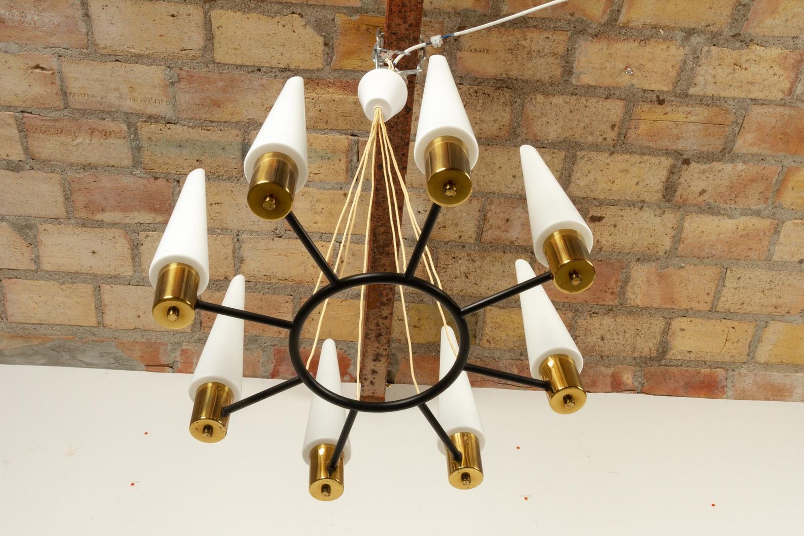 Vintage Midcentury Brass Chandelier With Opal Glass Shades, 1960s photo vinterior