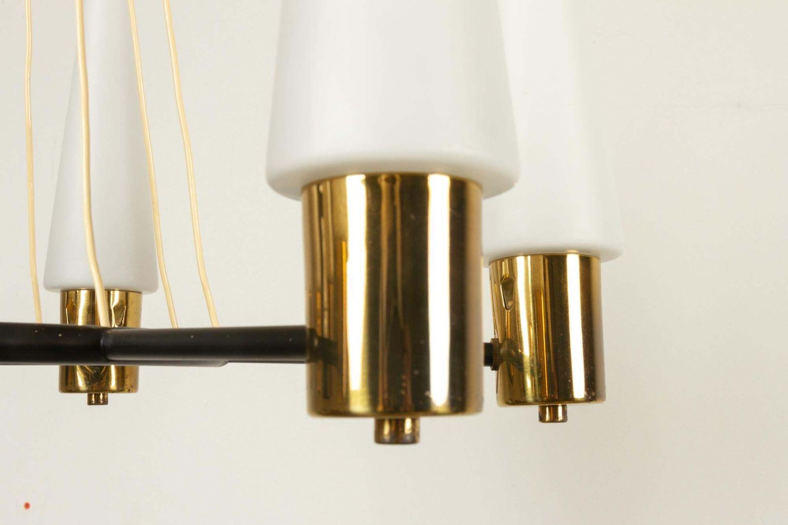 photo vinterior Vintage Midcentury Brass Chandelier With Opal Glass Shades, 1960s