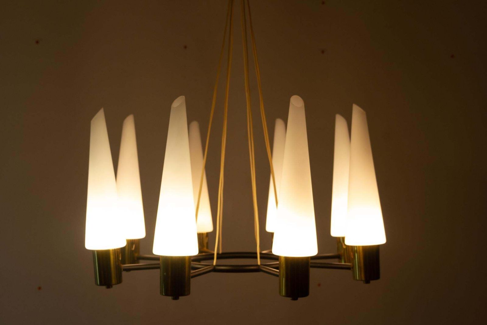 photo buy Vintage Midcentury Brass Chandelier With Opal Glass Shades, 1960s