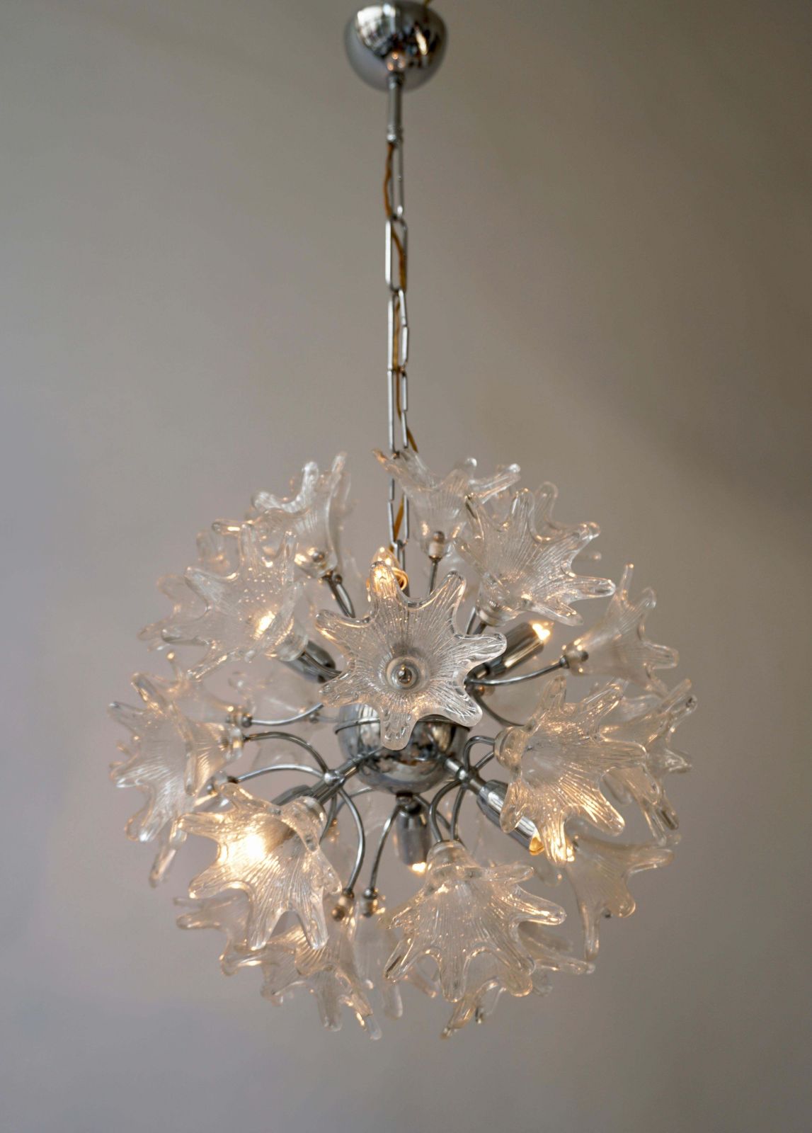 Two Murano Floral Sputnik Chandeliers With Textured Clear Petals photo vinterior
