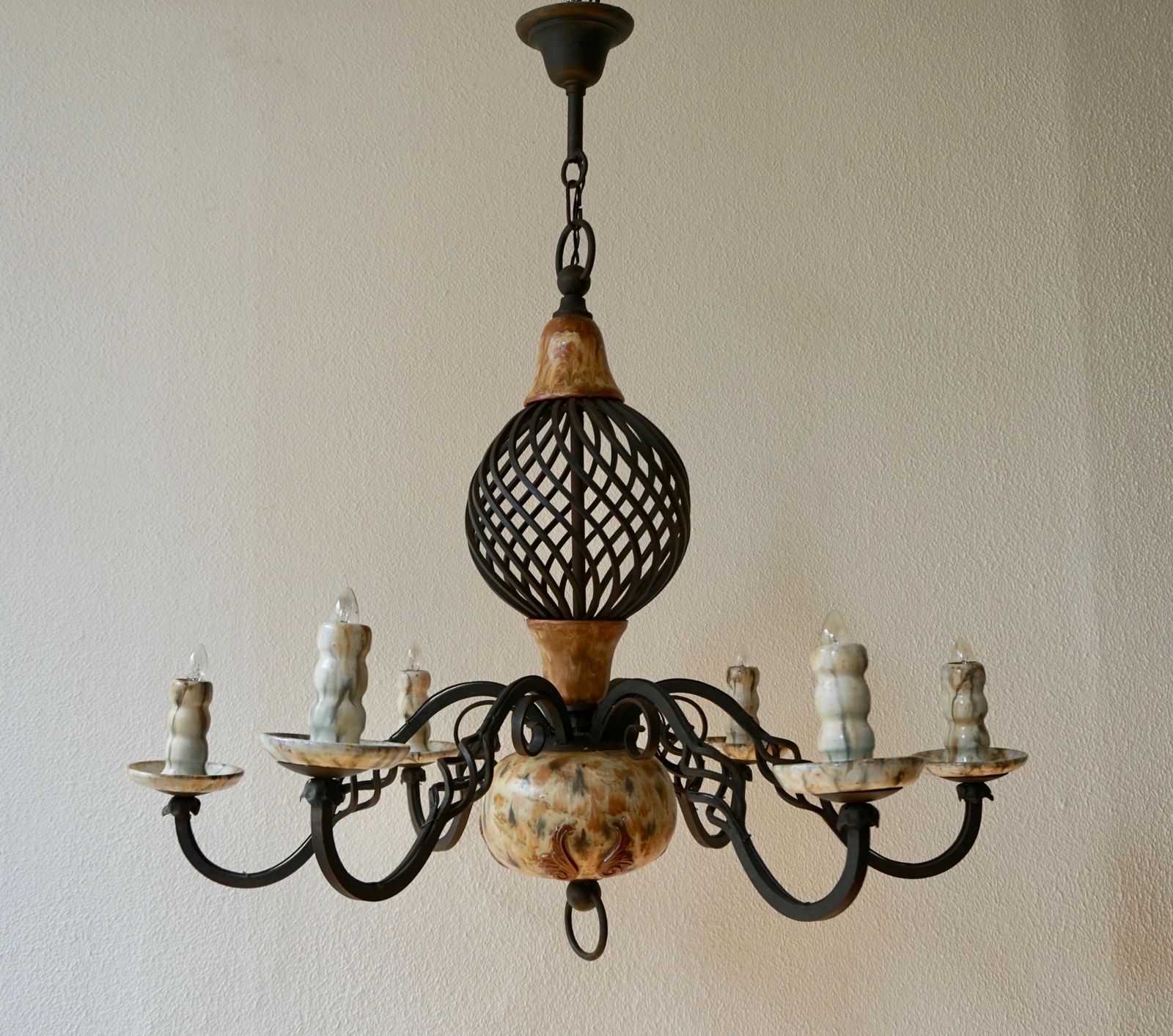 Rare Belgium Art Deco Ceramic And Wrought Iron Chandelier By A Dubois, Belgium photo for sale