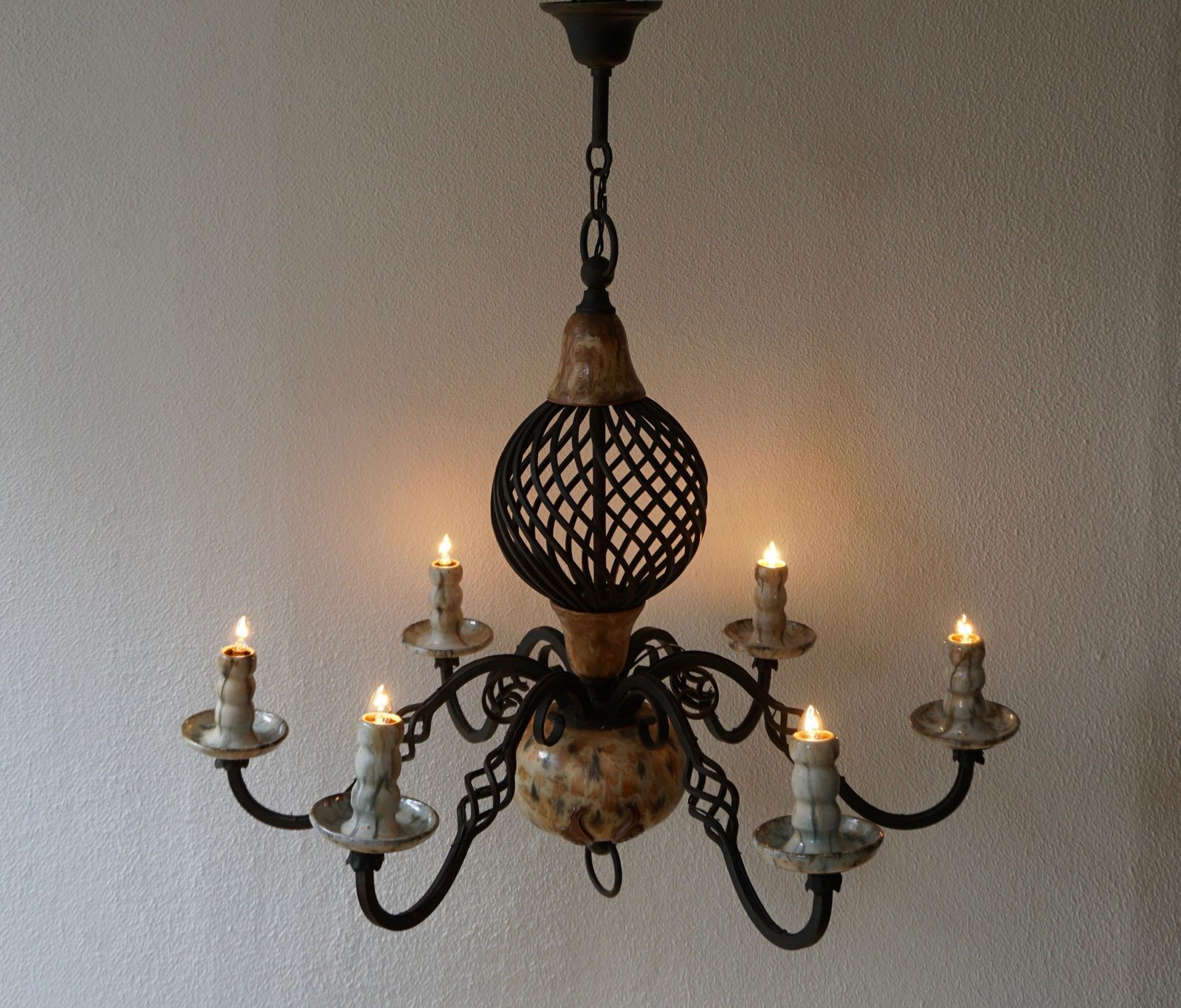 Rare Belgium Art Deco Ceramic And Wrought Iron Chandelier By A Dubois, Belgium photo 4079.0