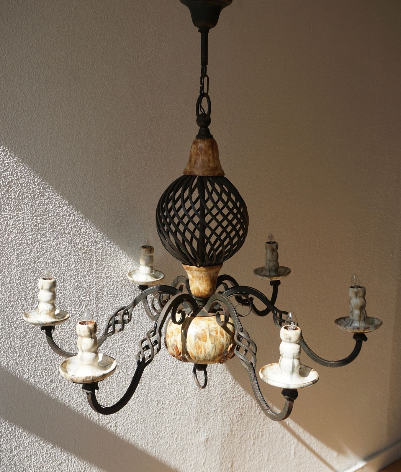 Rare Belgium Art Deco Ceramic And Wrought Iron Chandelier By A Dubois, Belgium photo buy