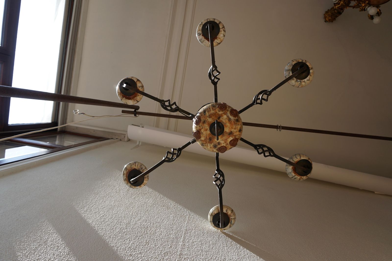 Rare Belgium Art Deco Ceramic And Wrought Iron Chandelier By A Dubois, Belgium photo vintage
