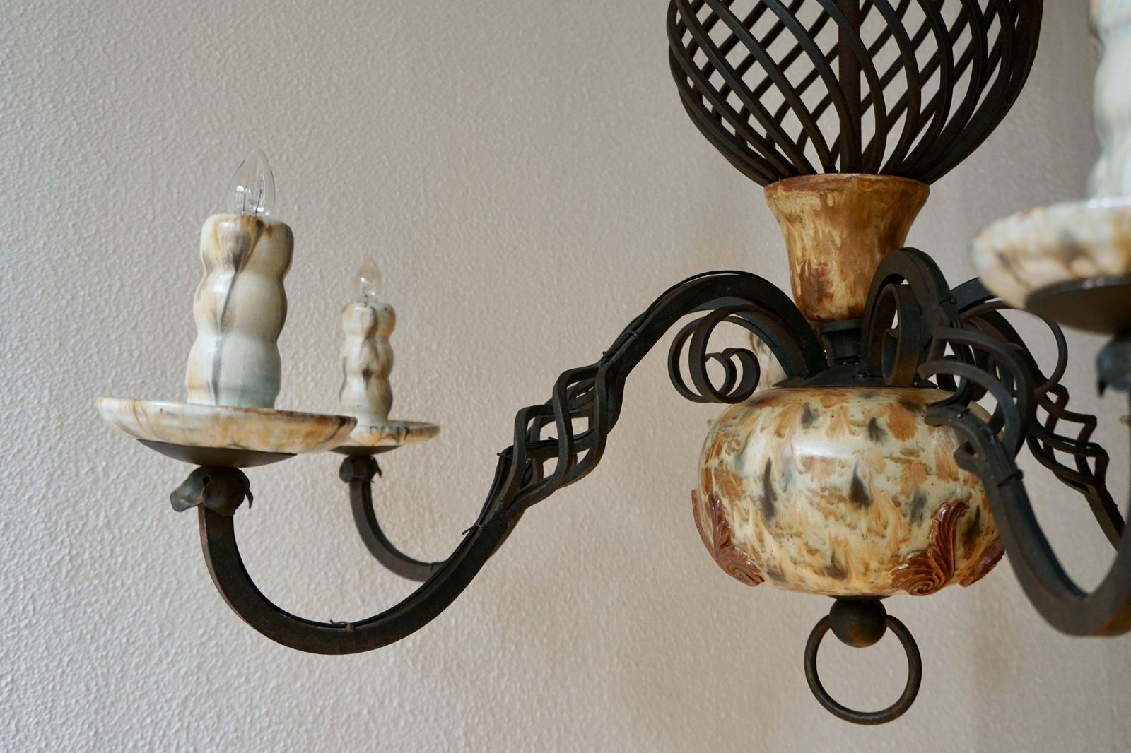 photo for sale Rare Belgium Art Deco Ceramic And Wrought Iron Chandelier By A Dubois, Belgium