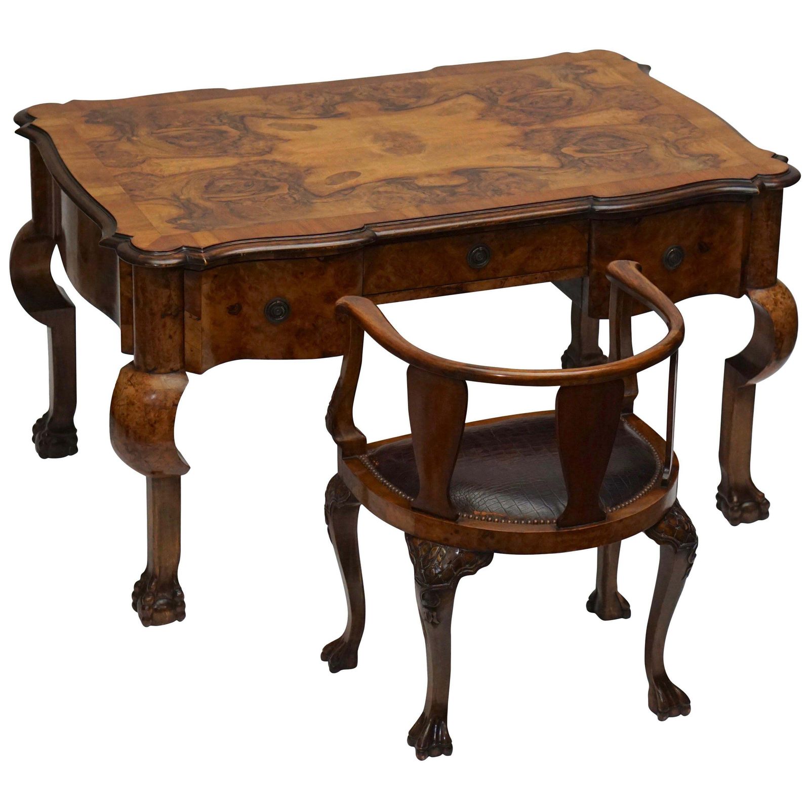 19th Century Burl Walnut Partner's Desk With Armchair