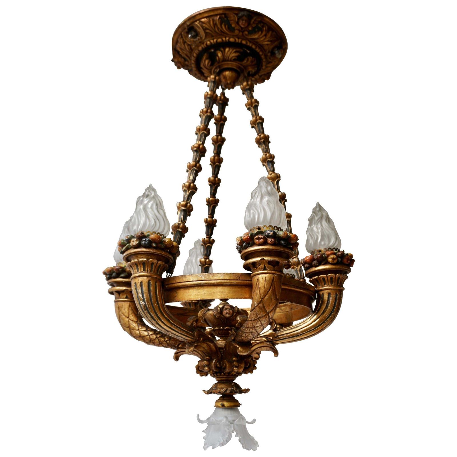 Wonderful Italian Giltwood Cherubs Putti And Painted Fruit Torch Chandelier